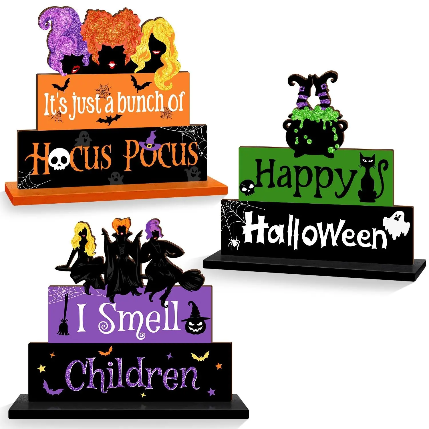 Halloween Wooden Desktop Decor Set, Witch Silhouette, Cauldron, Cat, Ghost, Bat, Spider Web, Farmhouse Style, Indoor Party Decoration
