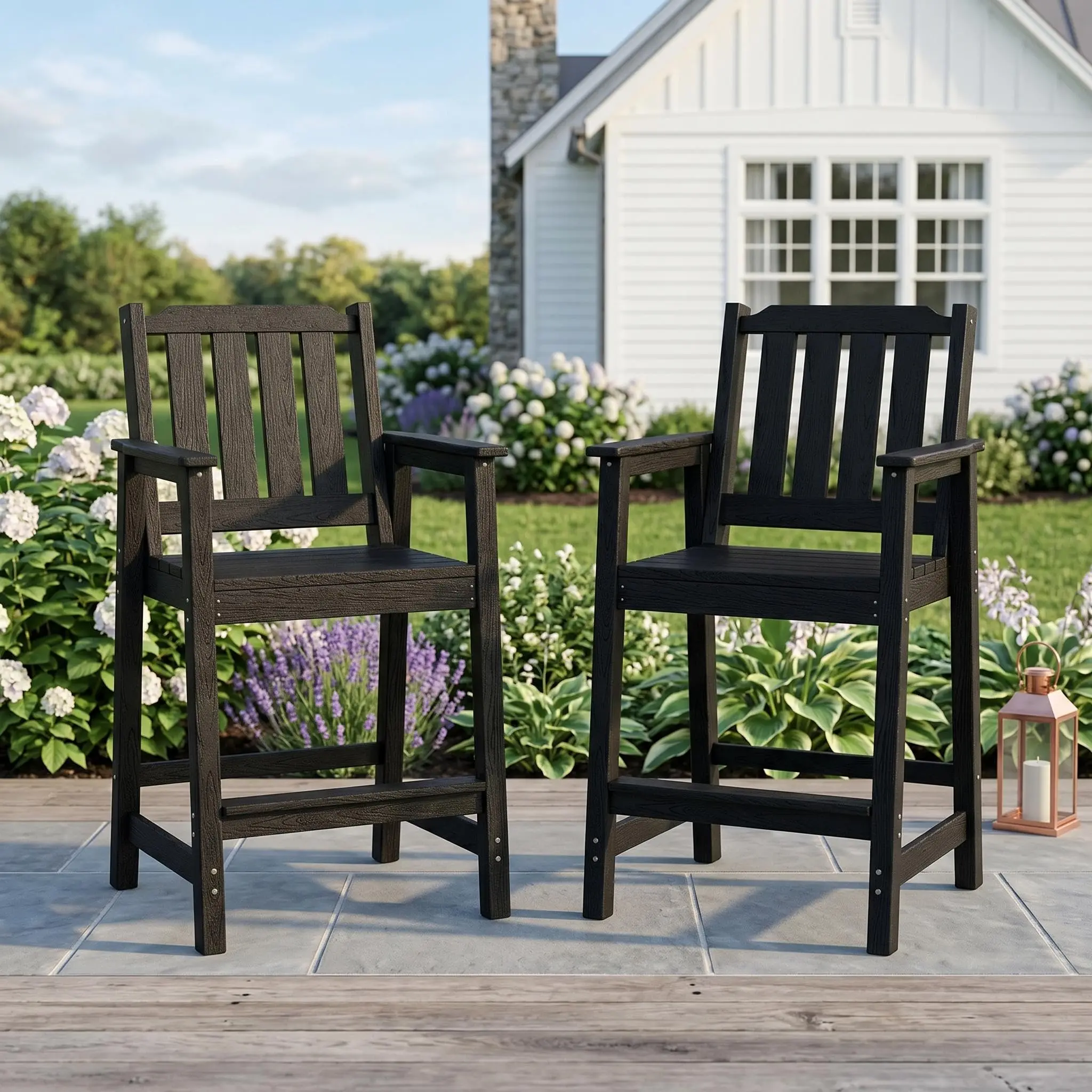 All-Weather HDPE Adirondack Outdoor Bar Stools Set of 2, 27.7" Counter Height Chairs with Arms & Back, Wood Grain, Ergonomic, Weatherproof for Garden, Deck, Balcony