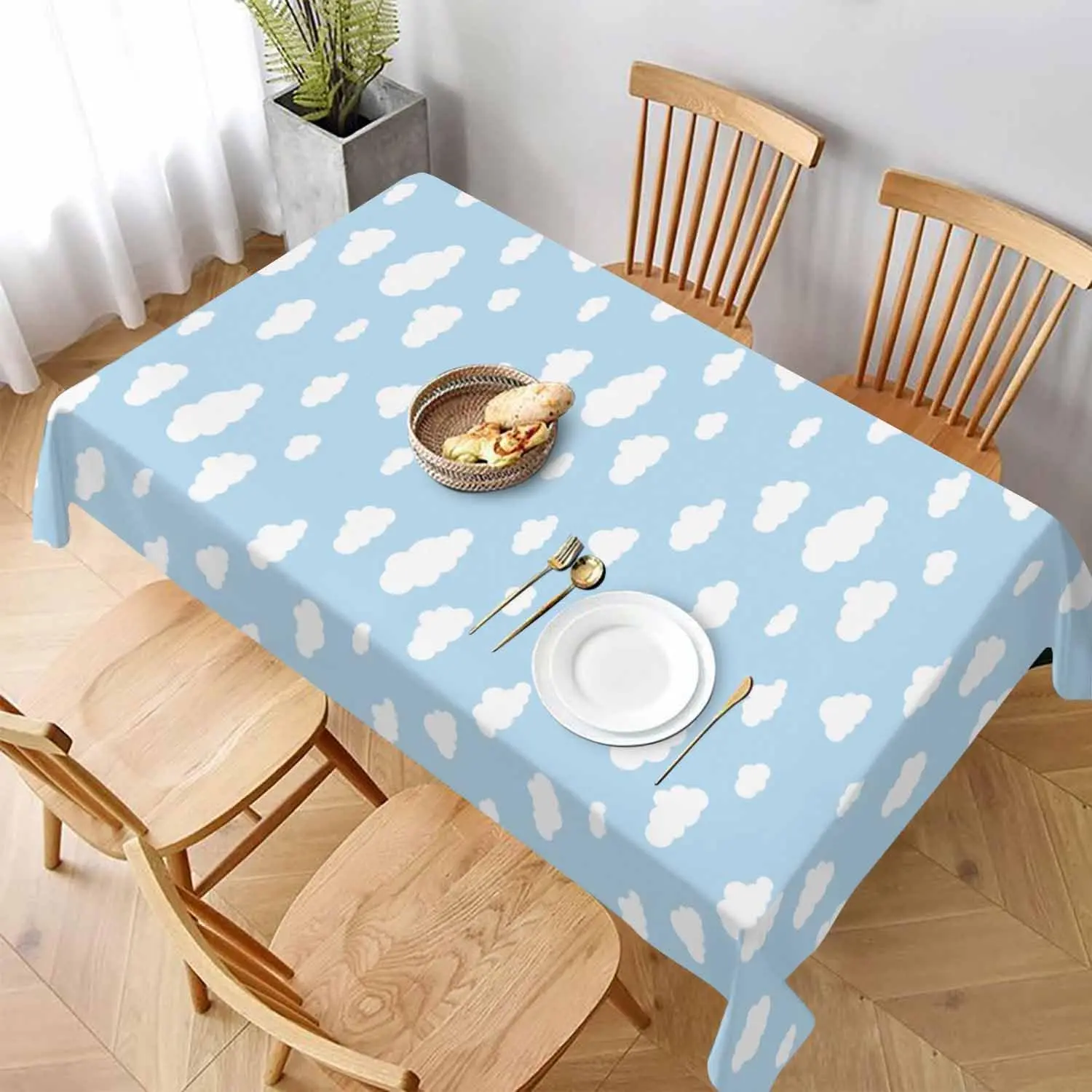 White Clouds Blue Sky Rectangular Tablecloth Cartoon Weather Clear Polyester Table Cloths for Dining Kitchen Outdoor Picnic Camping Party Wedding Event,Washable Table Cover 52 x 70 Inch