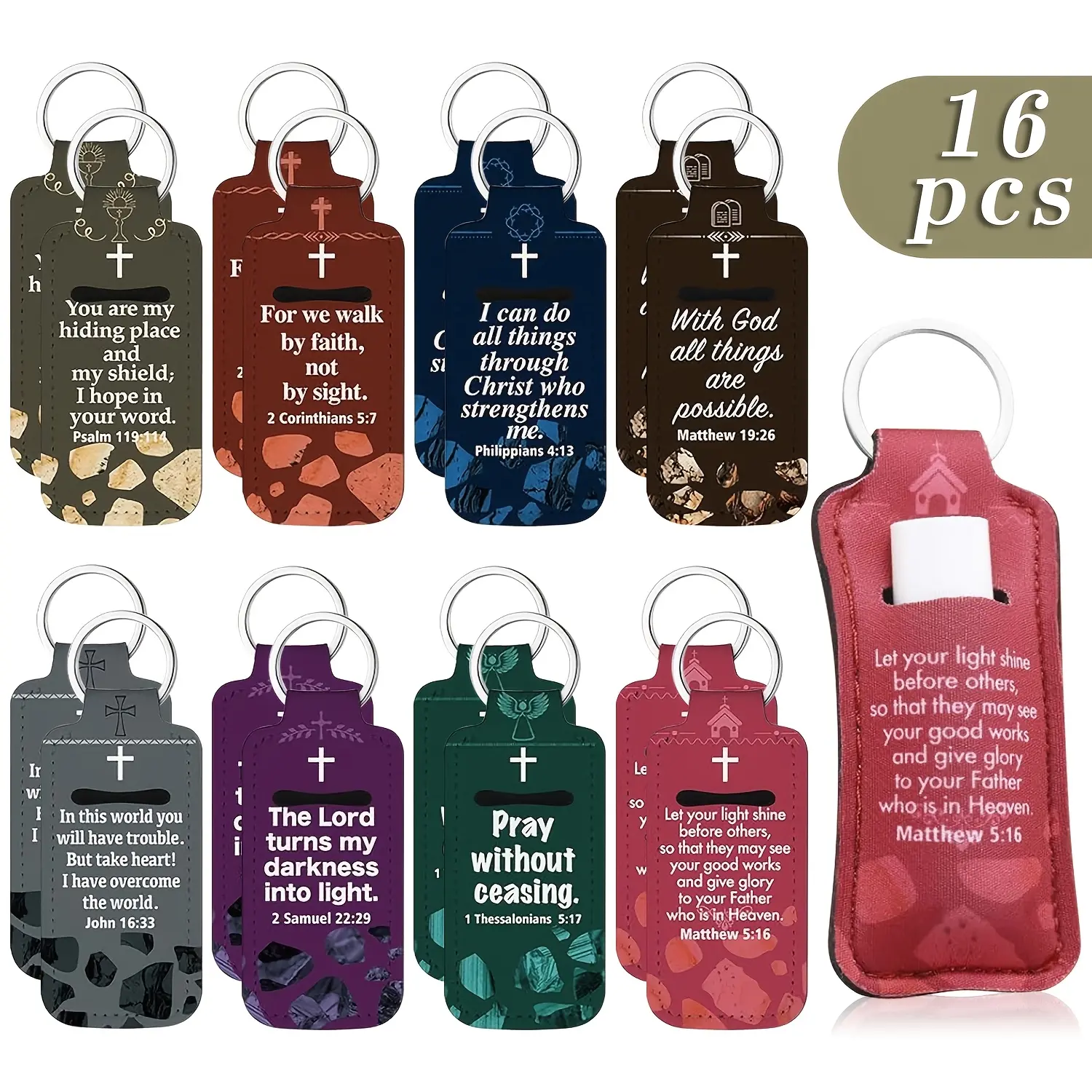 16pcs Alloy Christian Bible Lipstick Holder Keychains, Religious Design Utility Holder Clip Keychains with Metal Ring, Bulk Lip Balm Pouch Gifts for Women Church Religious Party Inspirations, Lipstick-Shaped Keychains, Religious Design Keychains