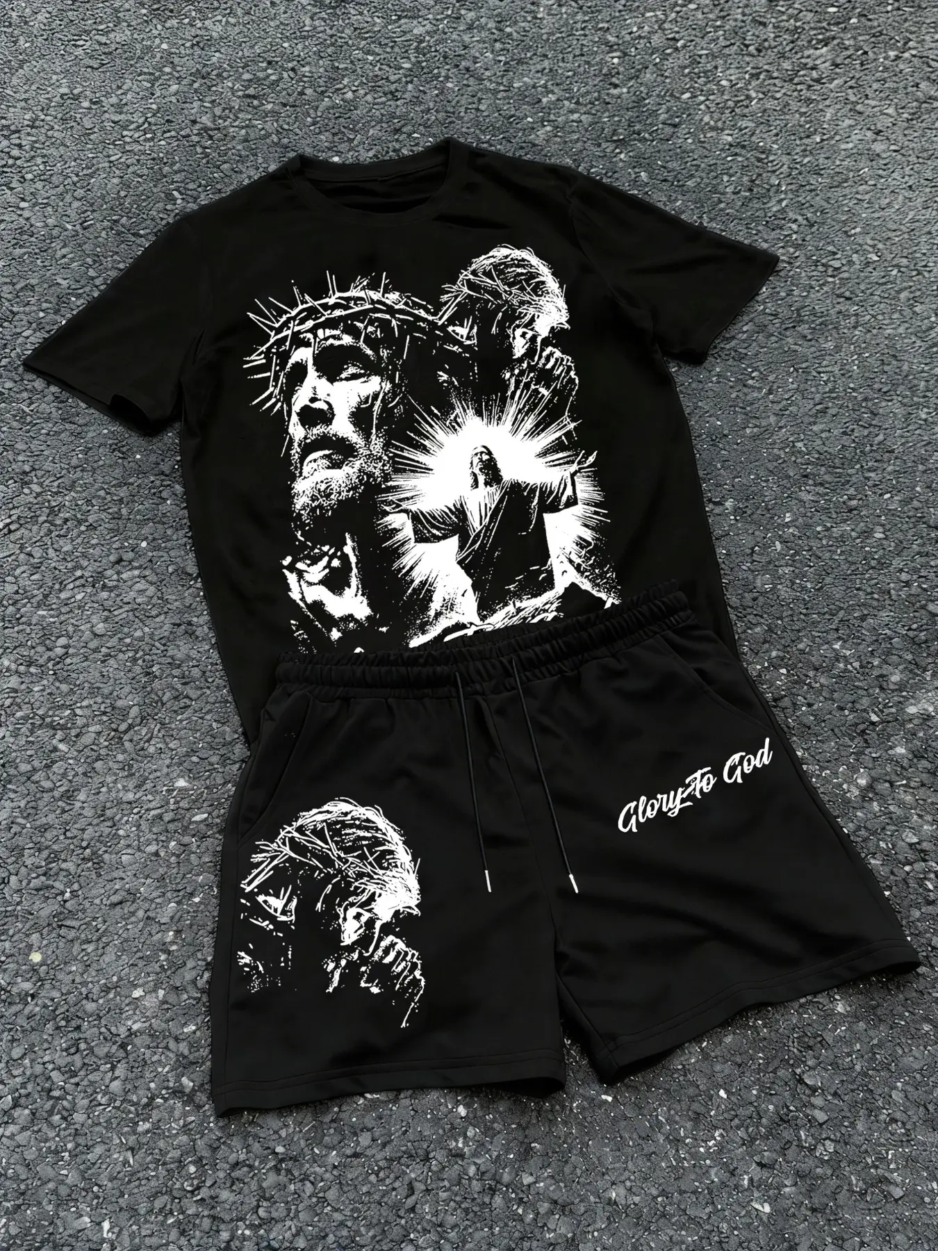 2 piece sets,Thorn Crown Jesus graphic Round Neck t shirts,Glory To God print elastic drawstring shorts,Men Women black casual religious summer street matching tracksuit