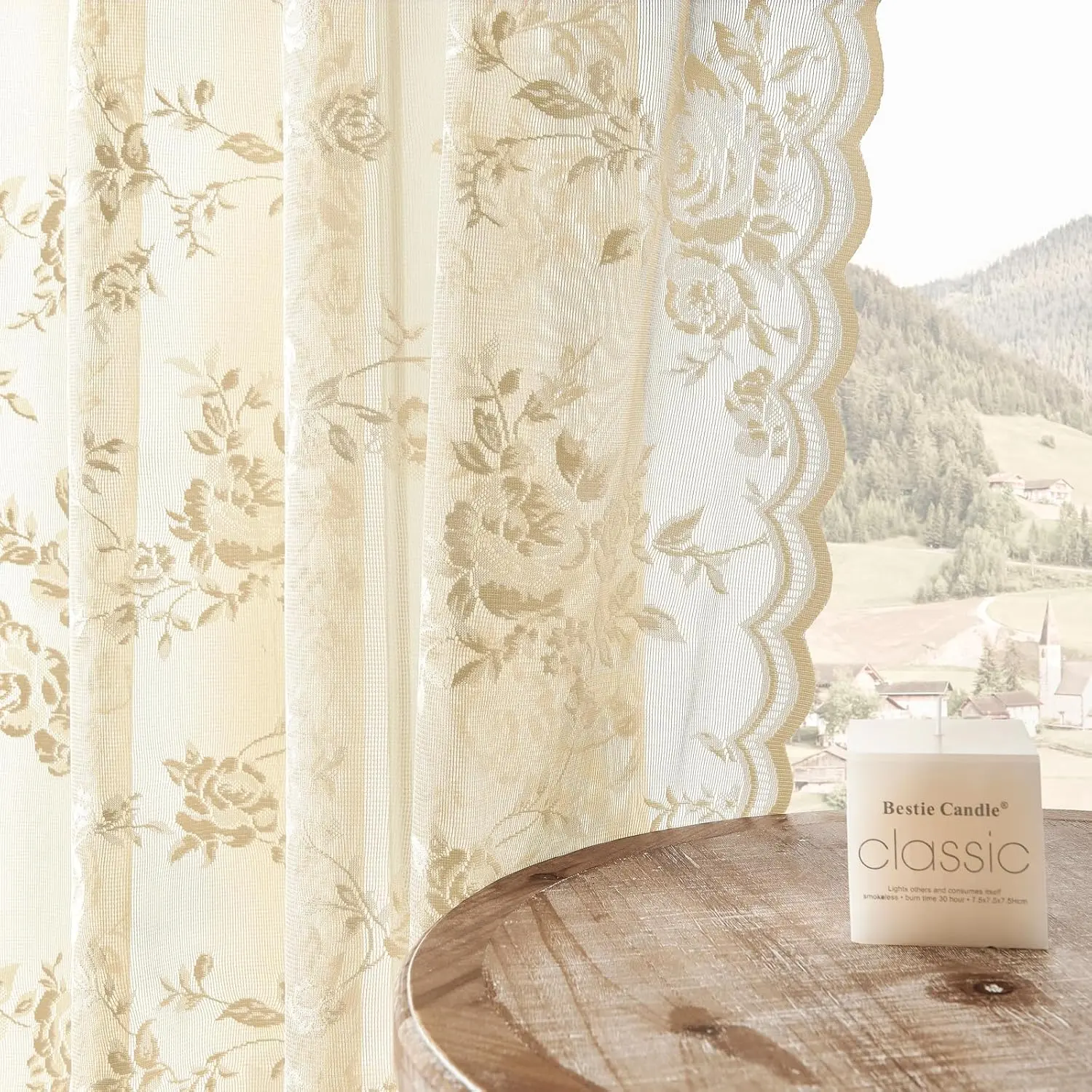 Beige Lace Curtains 84 Inches Long Victorian Floral Sheer Curtains for Living Room Bedroom Decor Drapes Rod Light Filtering French Window Curtains 2 Panels Set for Dining Room, 52x84