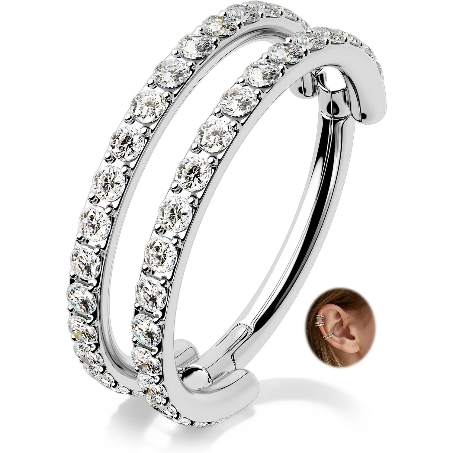 Helix Hoop Earring 16G Double Lined Helix   Hoop 316L Stainless Steel Cartilage   Clear CZ Daith Cartilage Conch Earrings