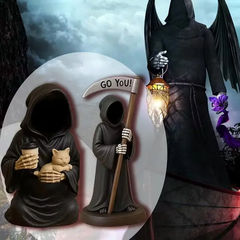 Grim Reaper Figurine with Emotional Support Card, Resin Gothic Robe, Durable Indoor Outdoor Desk Decor, Funny Office Buddy Gift