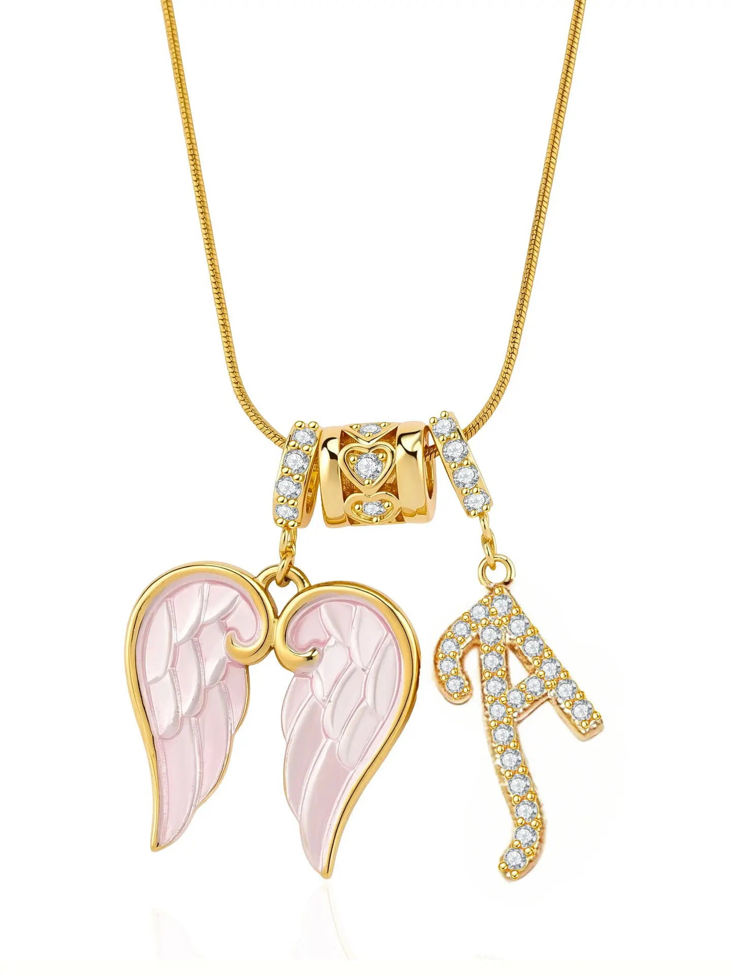 Women Cute Pink Angel Wing Design Heart Custom Letter Personalized Necklace Sparkling Crystal Initial Pendant Gold Snake Chain Jewelry Gift