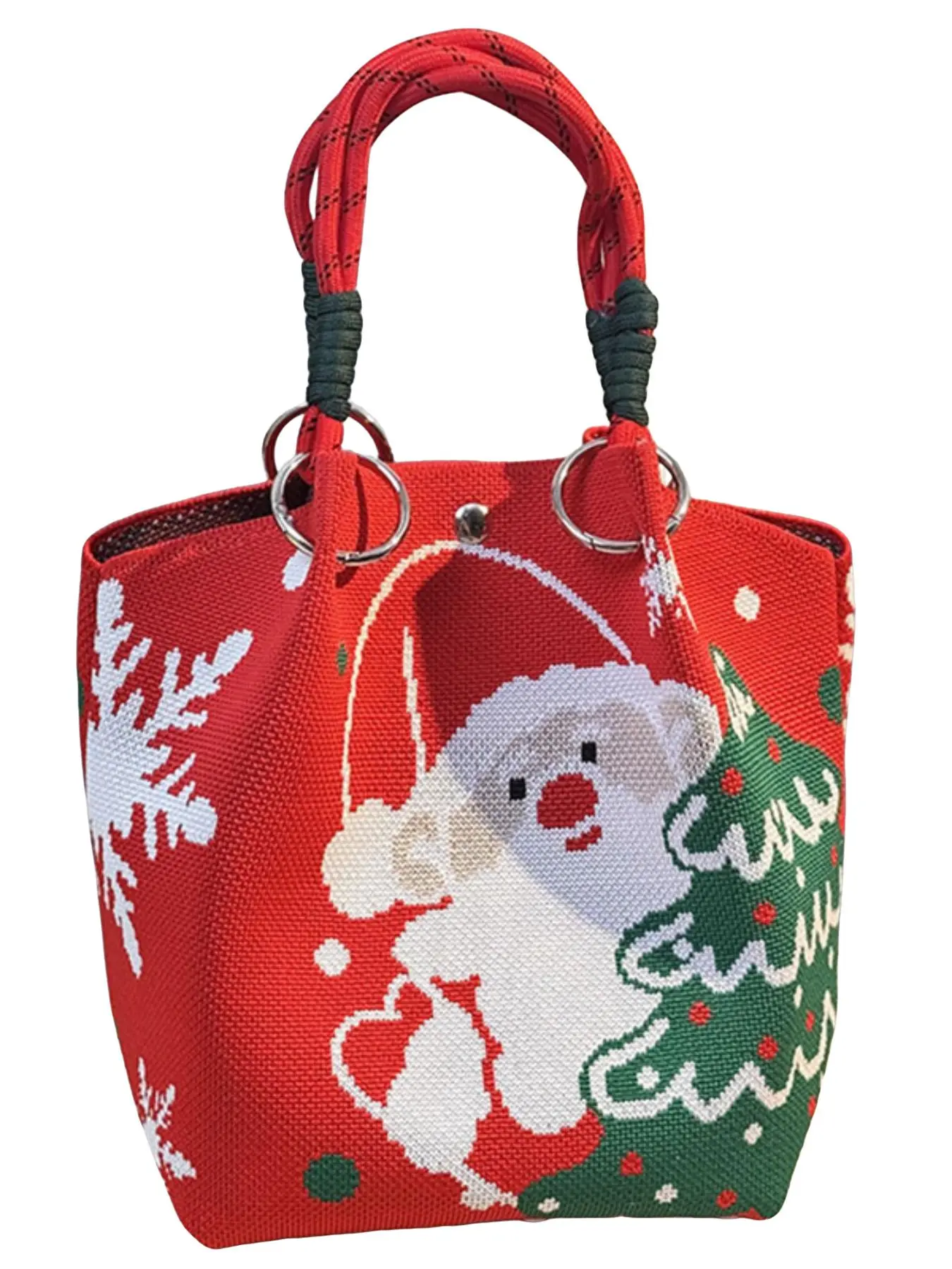 Christmas Gift Bag Knit Ring Buckle Bucket Bag, Unique Design Floral Pattern, Casual All Seasons Handbag, Cute Bag