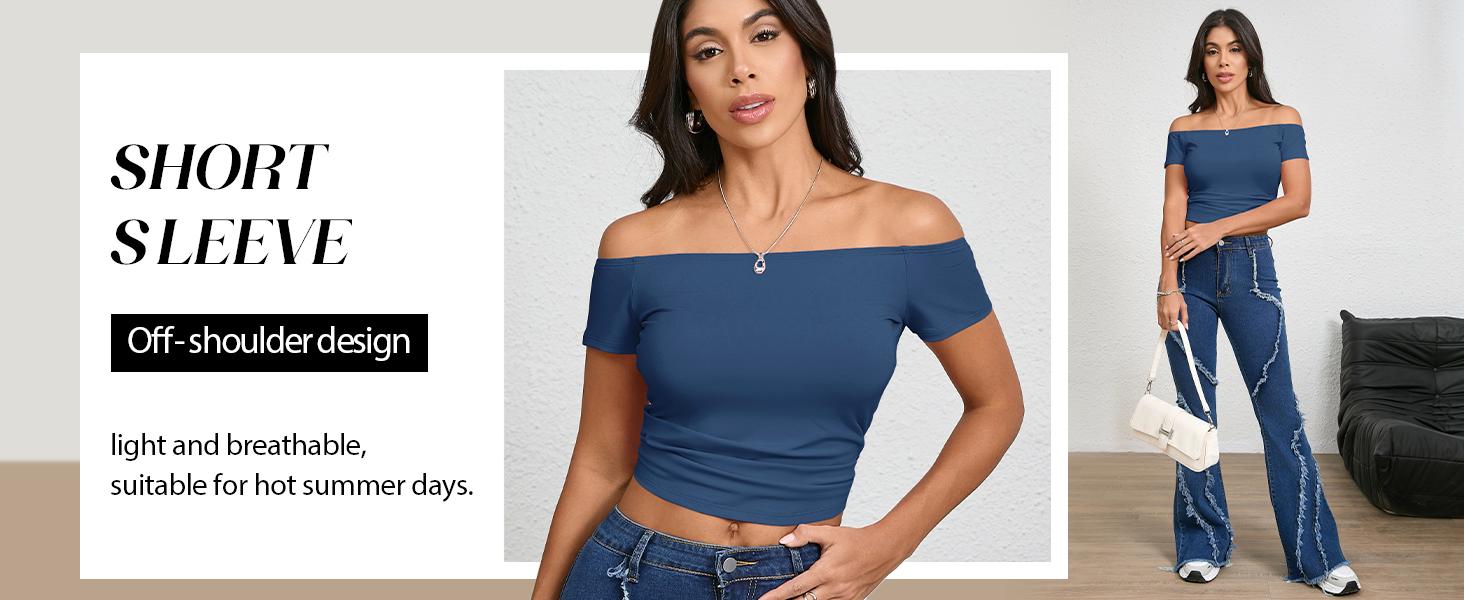 Womens Off The Shoulder Tops Summer Short Sleeve Slim Fit T Shirts Sexy Y2k Going Out Crop Tops