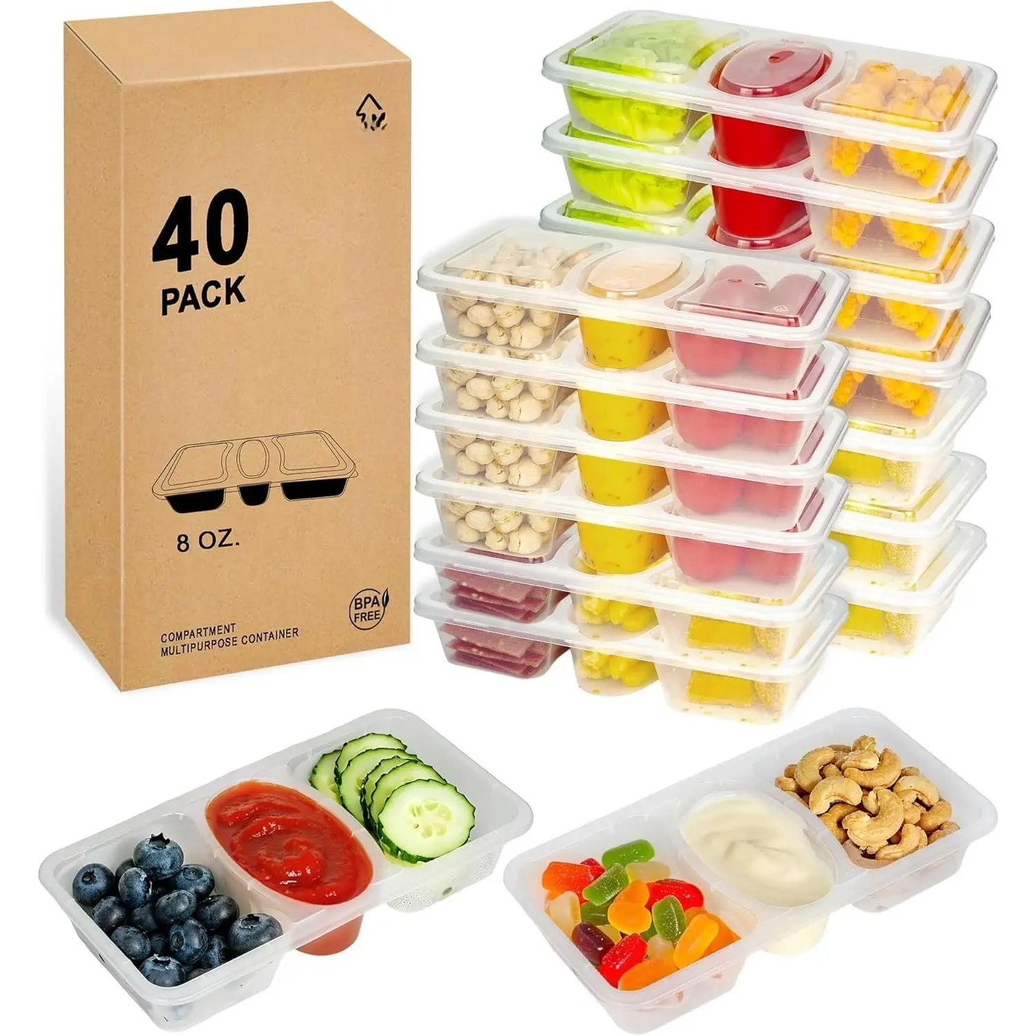 8 OZ  Snack Containers with ,  3 Compartment Condiment Snack Pack Containers 10 Sets