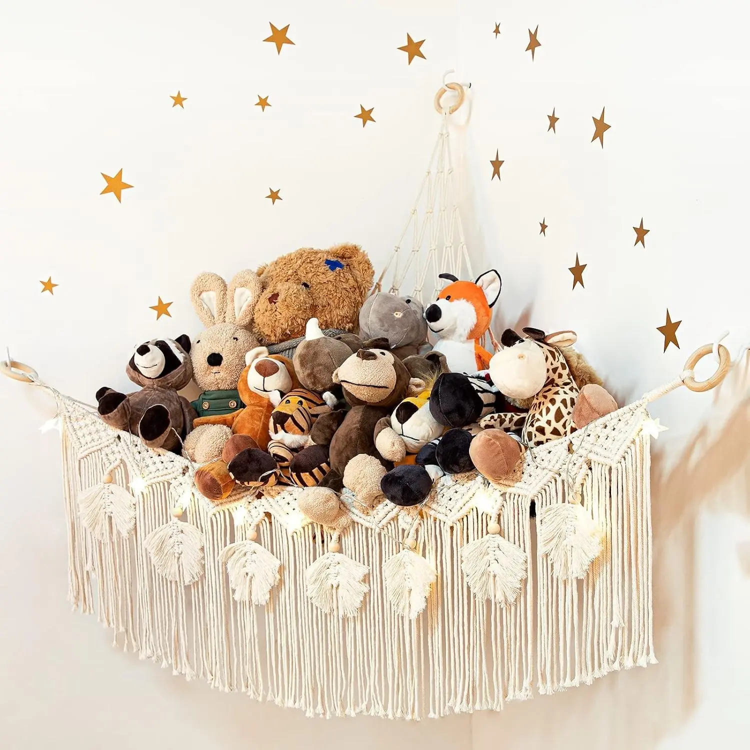 Macrame Stuffed Animal Toy Net Hammock with Star Light, Small Plushies Boho Storage for Nursery, Corner Wall Hanging Organizer for Kid, Bohemian Woven Decor Display Holder for Girls Boy Gift