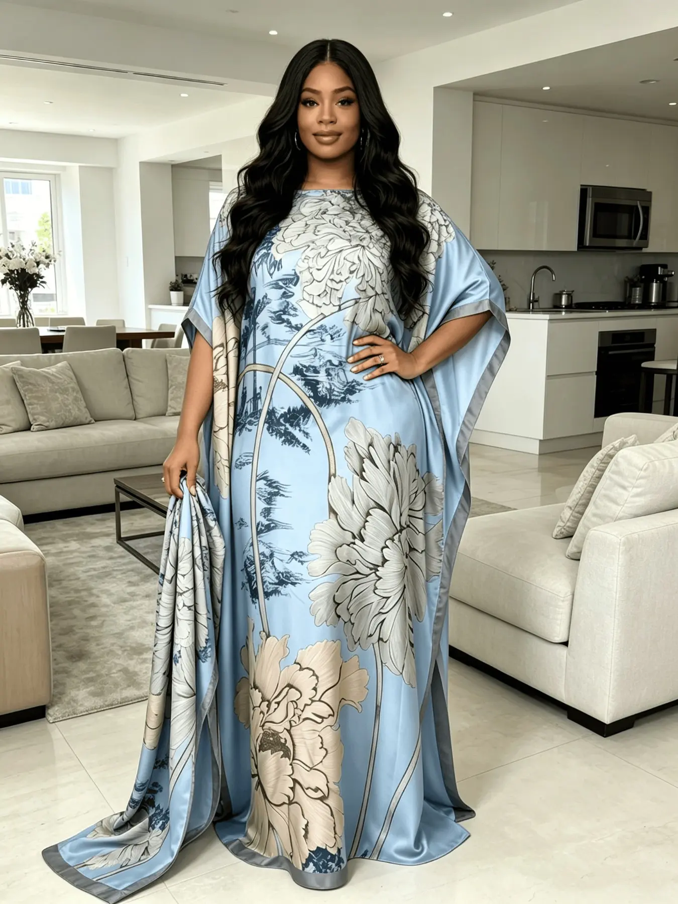 Women's Light Blue Ink Wash Floral Print Maxi Kaftan Dress with Matching Headscarf 2 Piece Set, Lightweight Breathable Loose Batwing Beach Cover Up, Loungewear Nightgown Pajama for Resort Pool Home Sleepwear