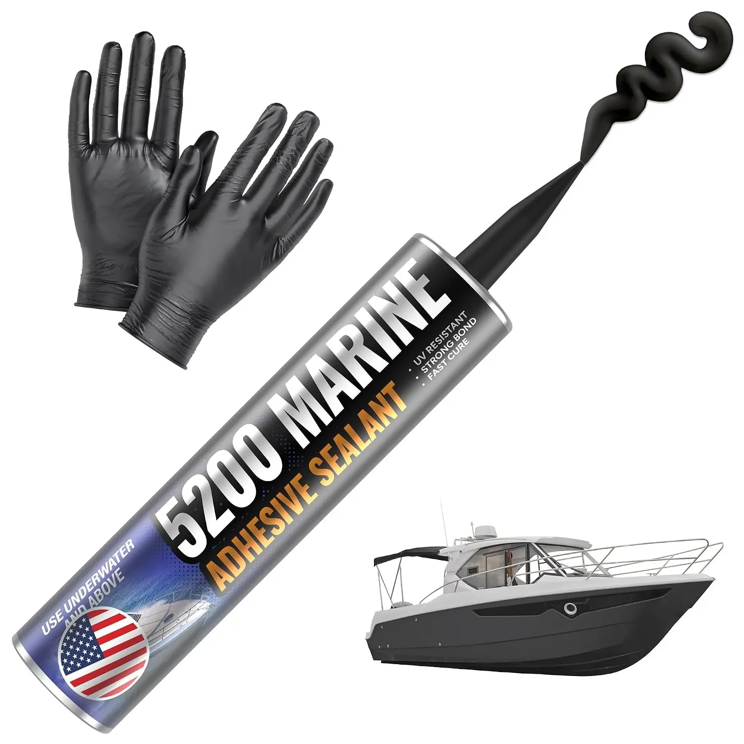 Black 10oz Marine Sealant - Fast Cure, High Bond Strength, UV Resistant Underwater Adhesive for Boats, Hulls, Decks with Gloves, Nozzle