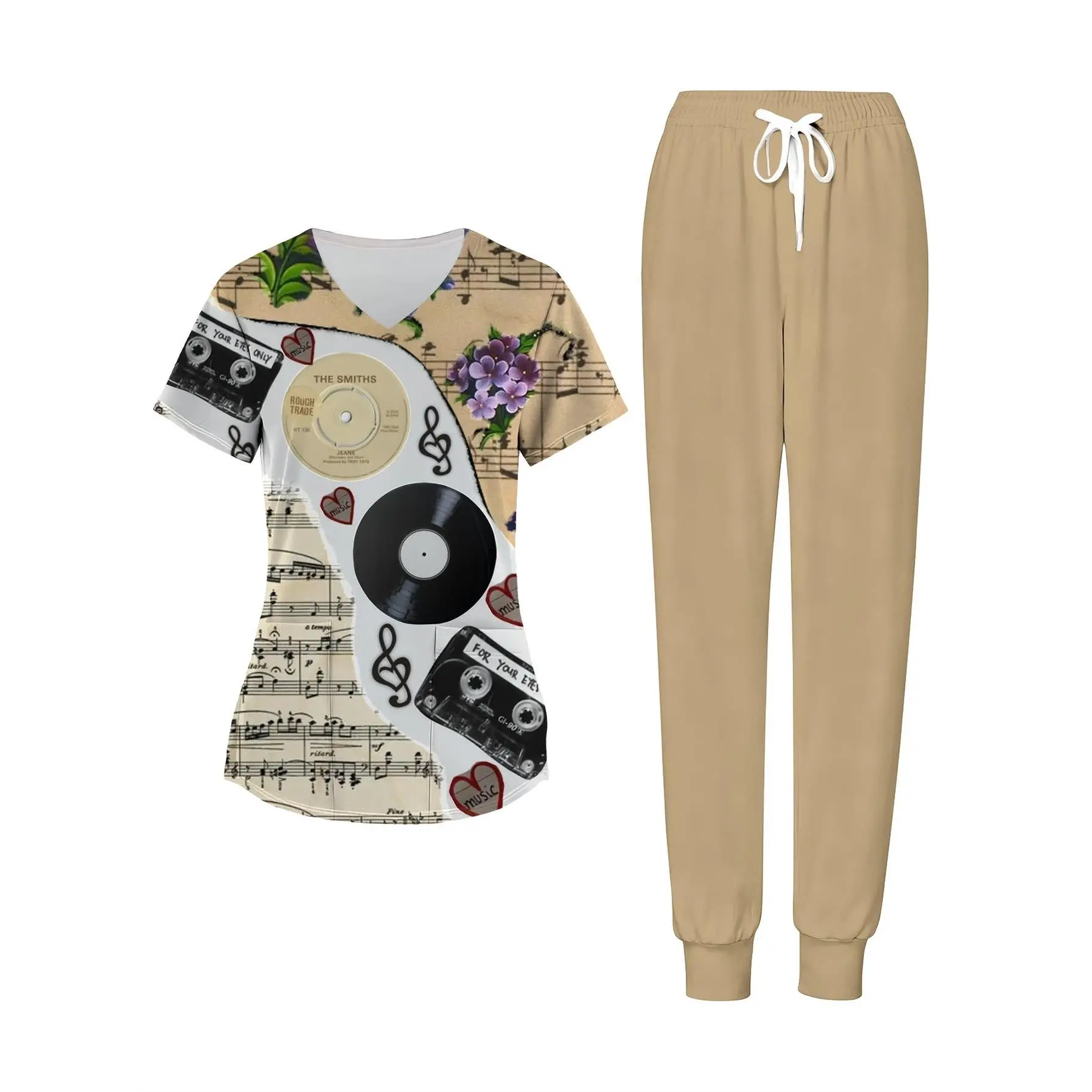 Womens Nurse Uniform Set Music Notes Vinyl Records And Cassette Tape Print V Neck Scrubs Top And Pants with Pockets Musical Theme Outfit Casual Workwear for Women