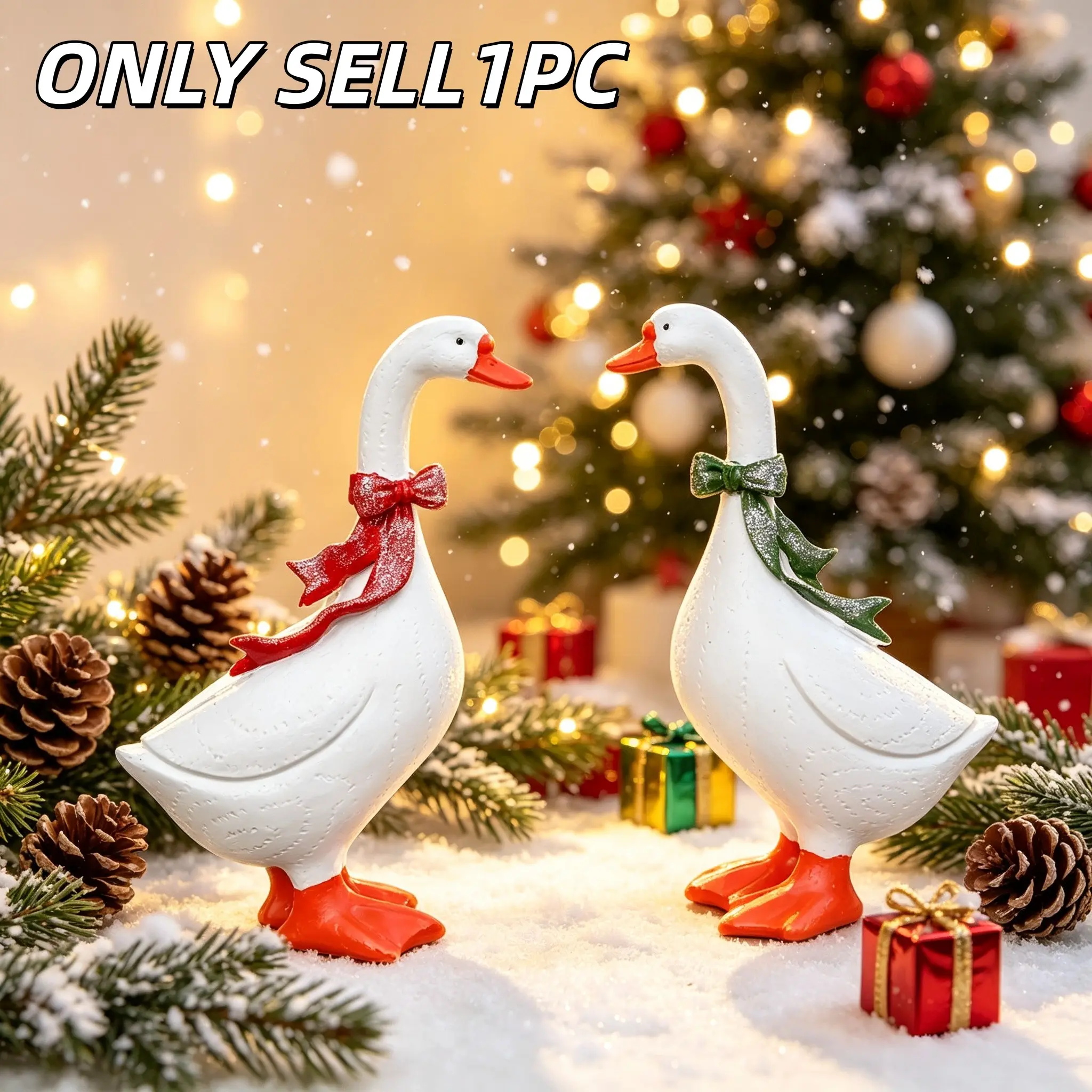 1PC Single Christmas White Goose Resin Figurine in 11.61 Inches with Red or Green Bow, Farmhouse Indoor & Outdoor Tabletop Decoration, Christmas Holiday Gift