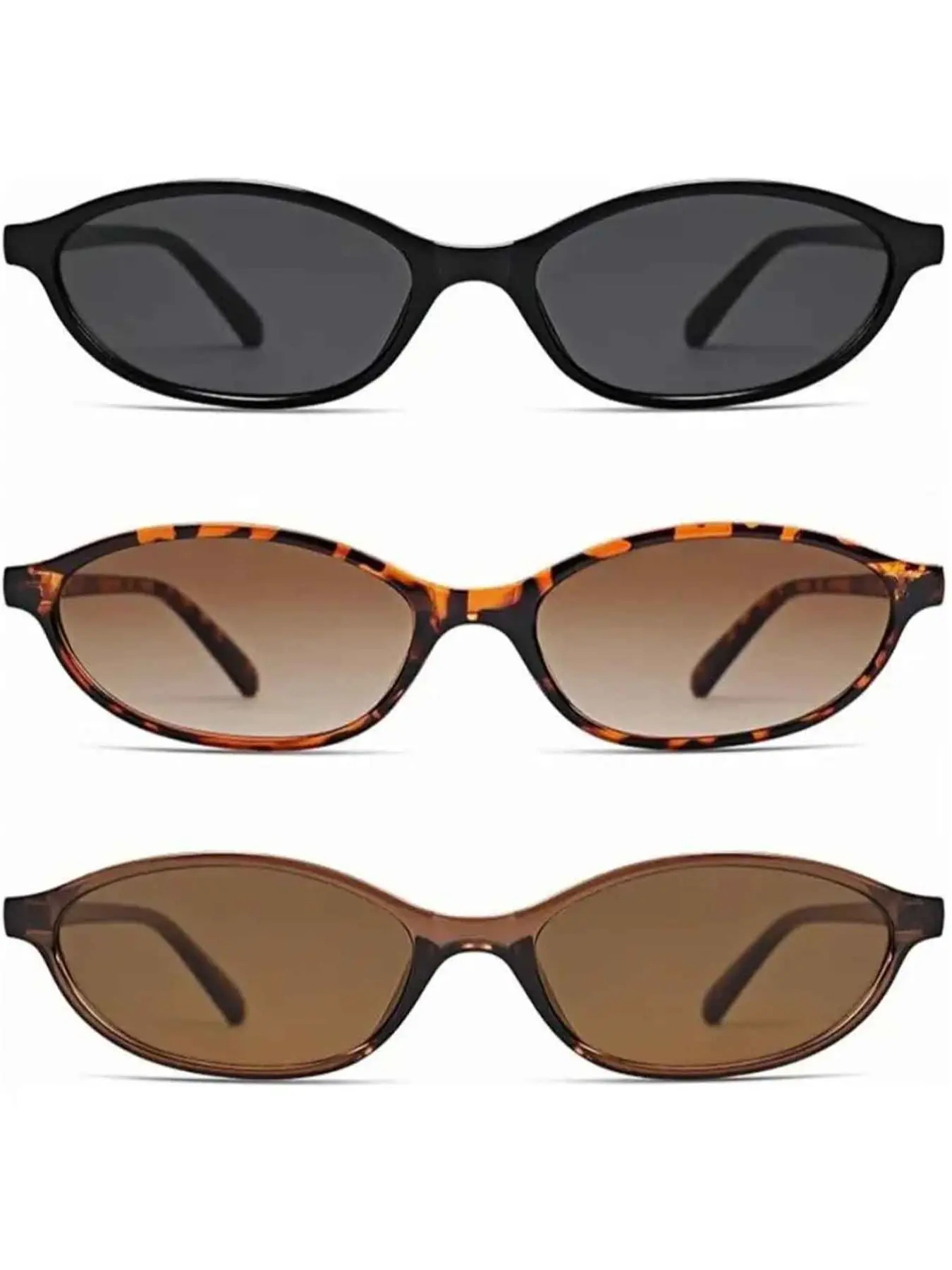 3pcs Y2K Retro Oval Summer Sunglasses for Women Men 90s Vintage Narrow Small Frame UV400 Protection Tortoise Black Brown Lightweight PC Frame Trendy Sunnies Casual Sun Protective Sunglasses for Daily Beach Streetwear Travel