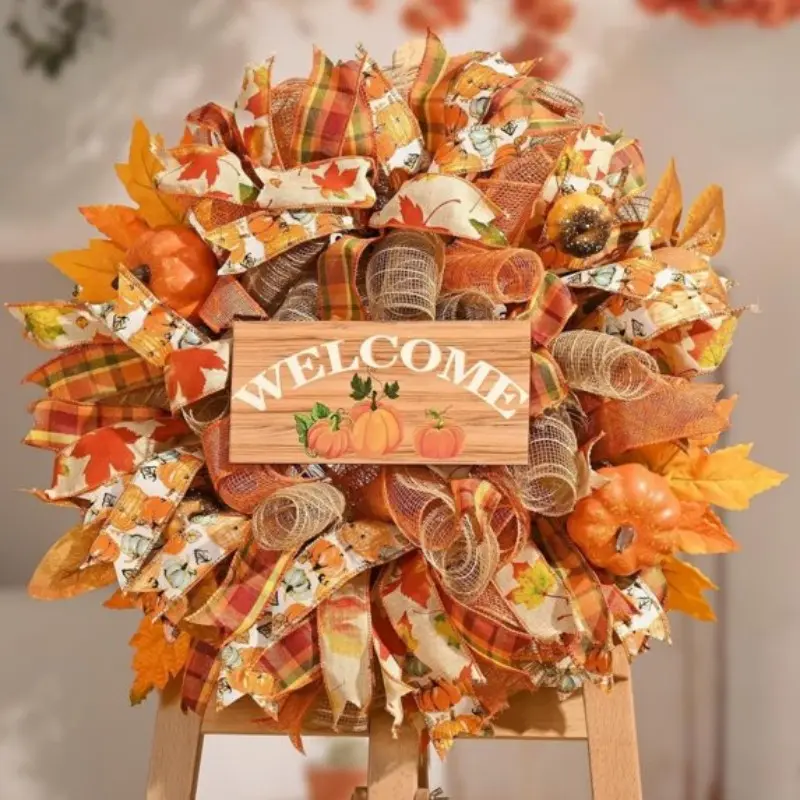 Wooden Welcome Sign Autumn Wreath, Fake Pumpkin with Plaid Hemp Rope, Maple Leaf Berries, Vintage Country Thanksgiving Outdoor Door Hanging Decor