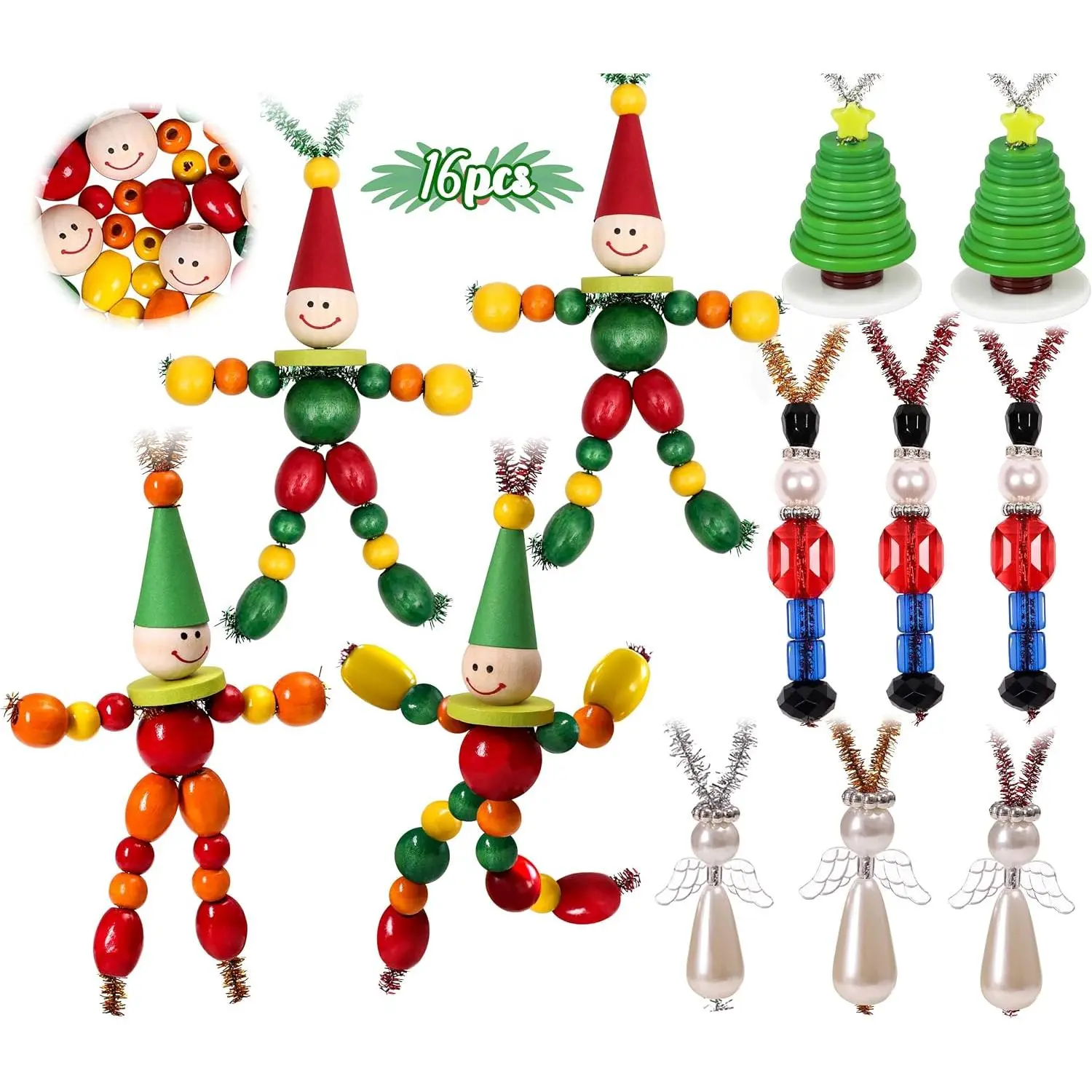 16 count Christmas Crafts DIY Beads Ornaments Kits for Adults Include Nutcracker, Angel, , Tree - Xmas Holiday Toys Gifts Stocking Stuffers Decor Party Decorations Supplies(Need Assembly)