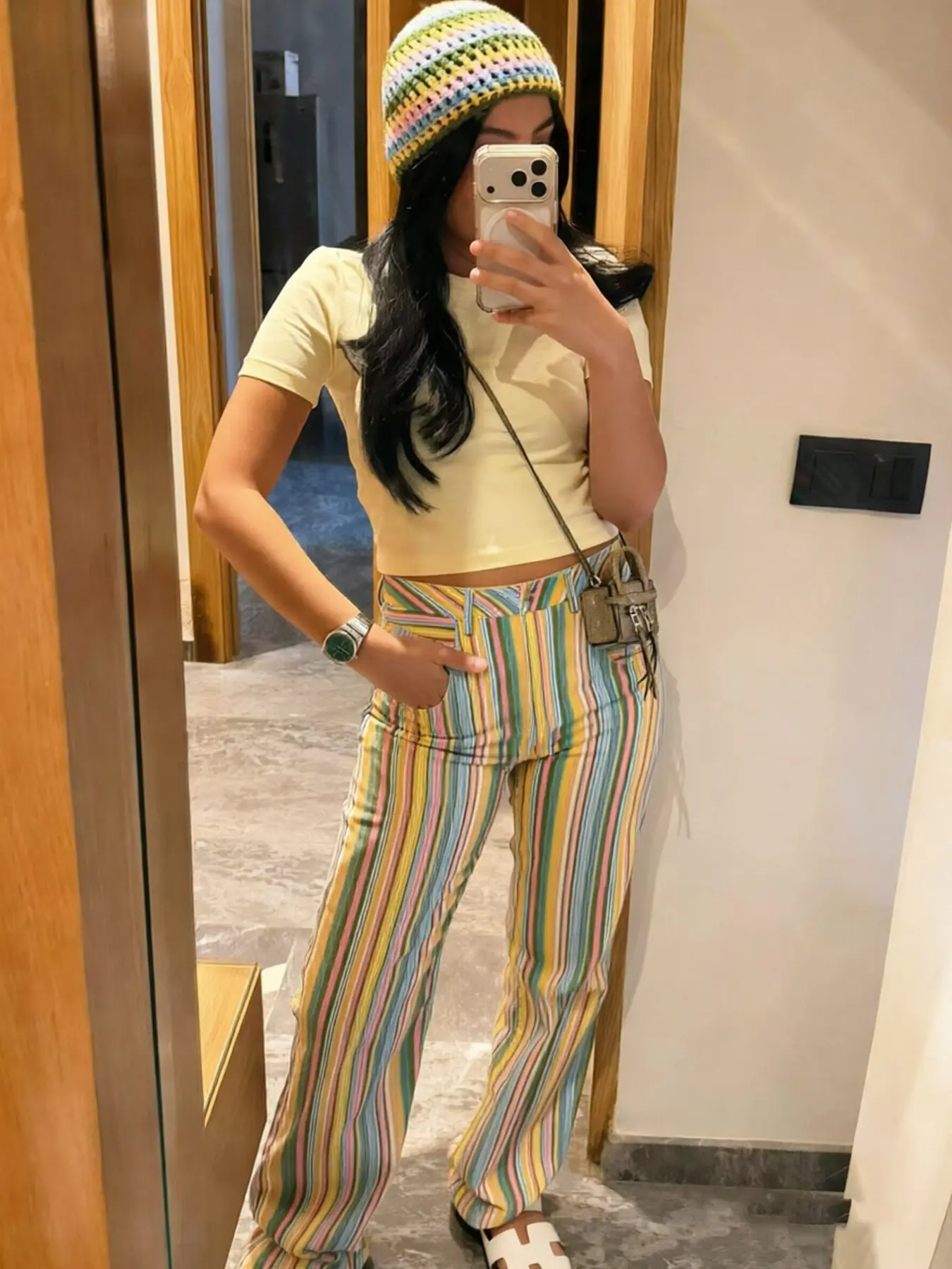 Women's Striped Pants Women Retro Wide Leg Mid-Waist Trousers Streetwear Female Casual Loose Straight Trousers With Pockets Summer Thin Women's Pants Casual Style Bottoms