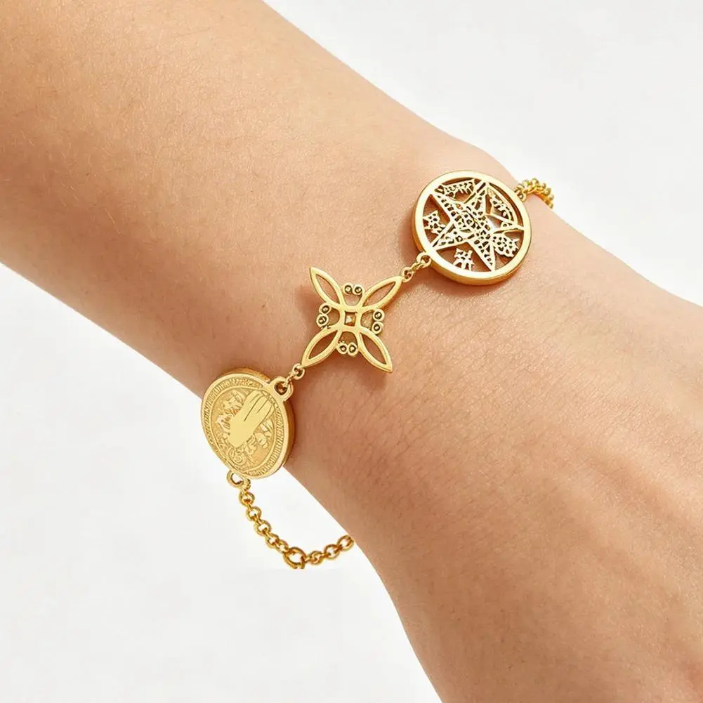 Saint Benedict Tetragrammaton Witch Knot Charm Bracelet Stainless Steel Triple Protection Witchcraft Pentagram Jewelry Women Men