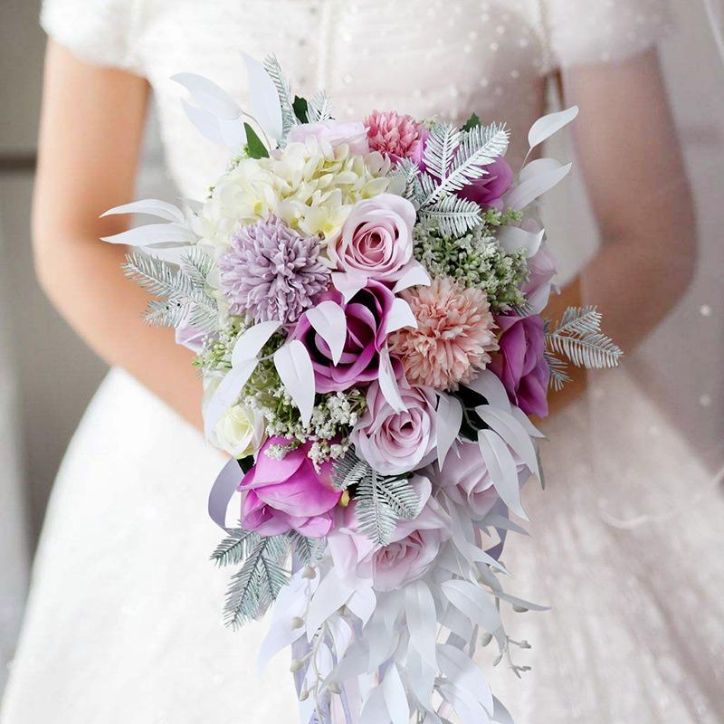 Bridal Calla Lily Rose Bouquet, White Burgundy Artificial Flowers, Teardrop Floral Arrangement for Wedding Anniversary Decor