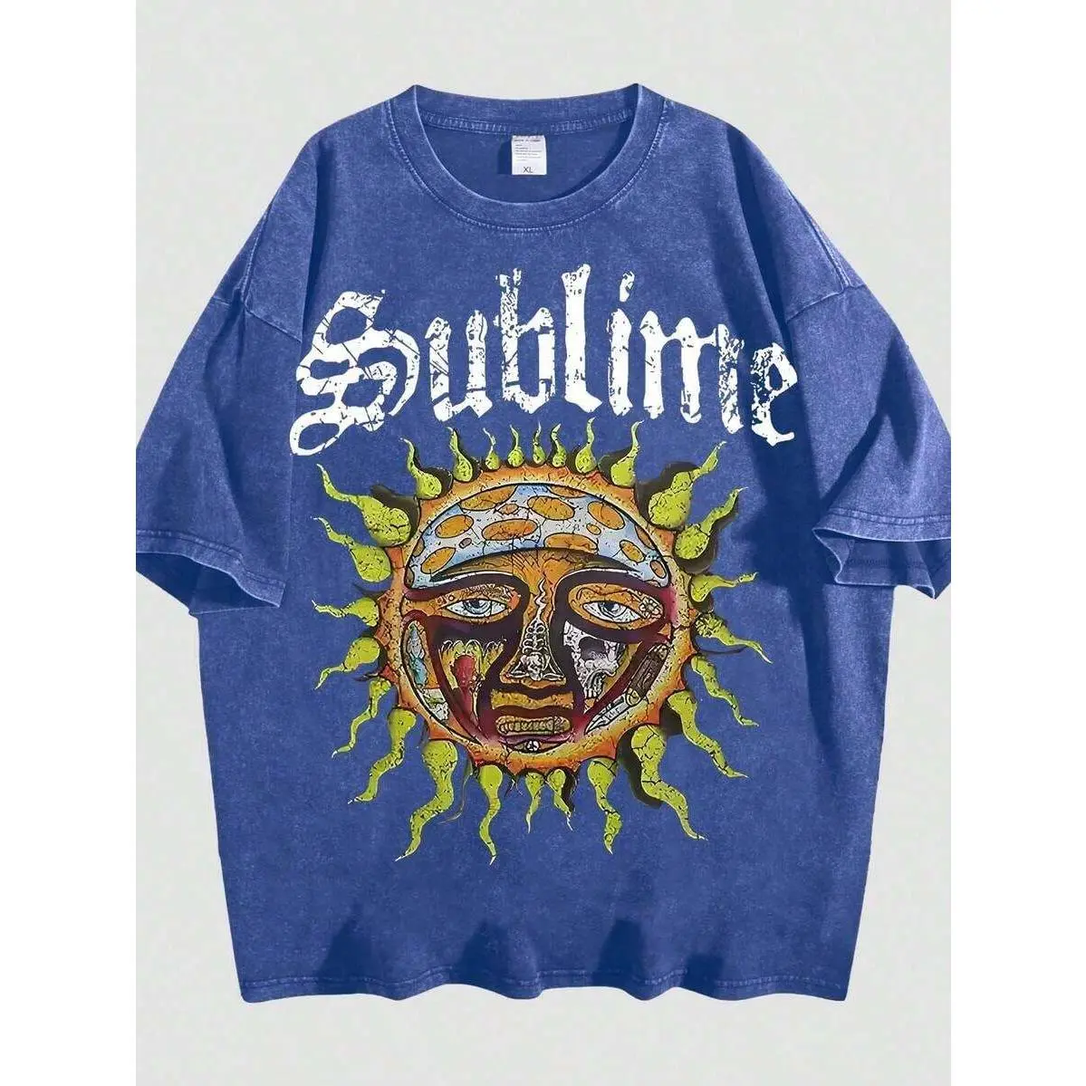 Retro Sun Face Skull Print, SUBLIM Band Style Free Theme Loose Short Sleeved Shirt Vintage Washed CottonT-Shirt Crew Neck Soft Tee For Men Women