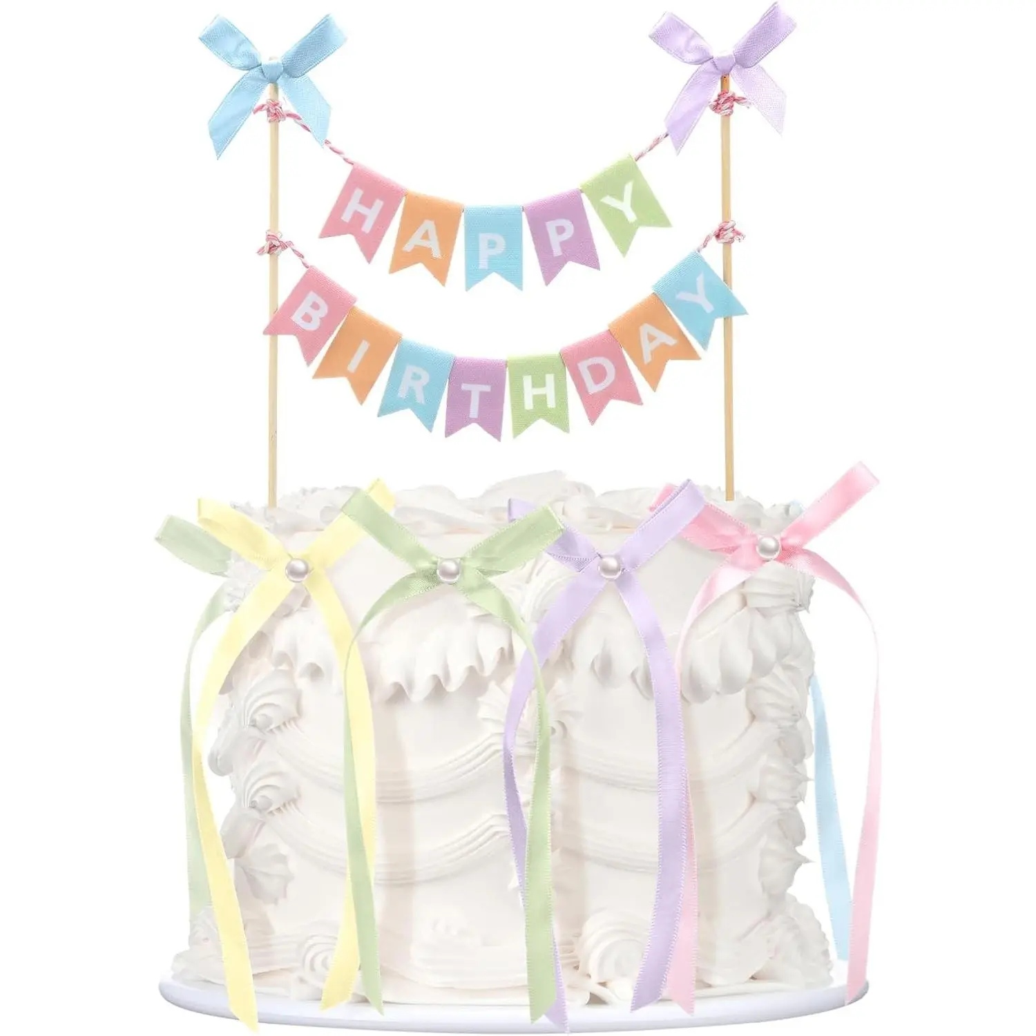 11 Pcs Pastel Bow Ribbon Cake Topper Happy Birthday Cake Bunting Topper with Wood Pole Handmade Pennant Flags for Birthday Bridal Party Decoration