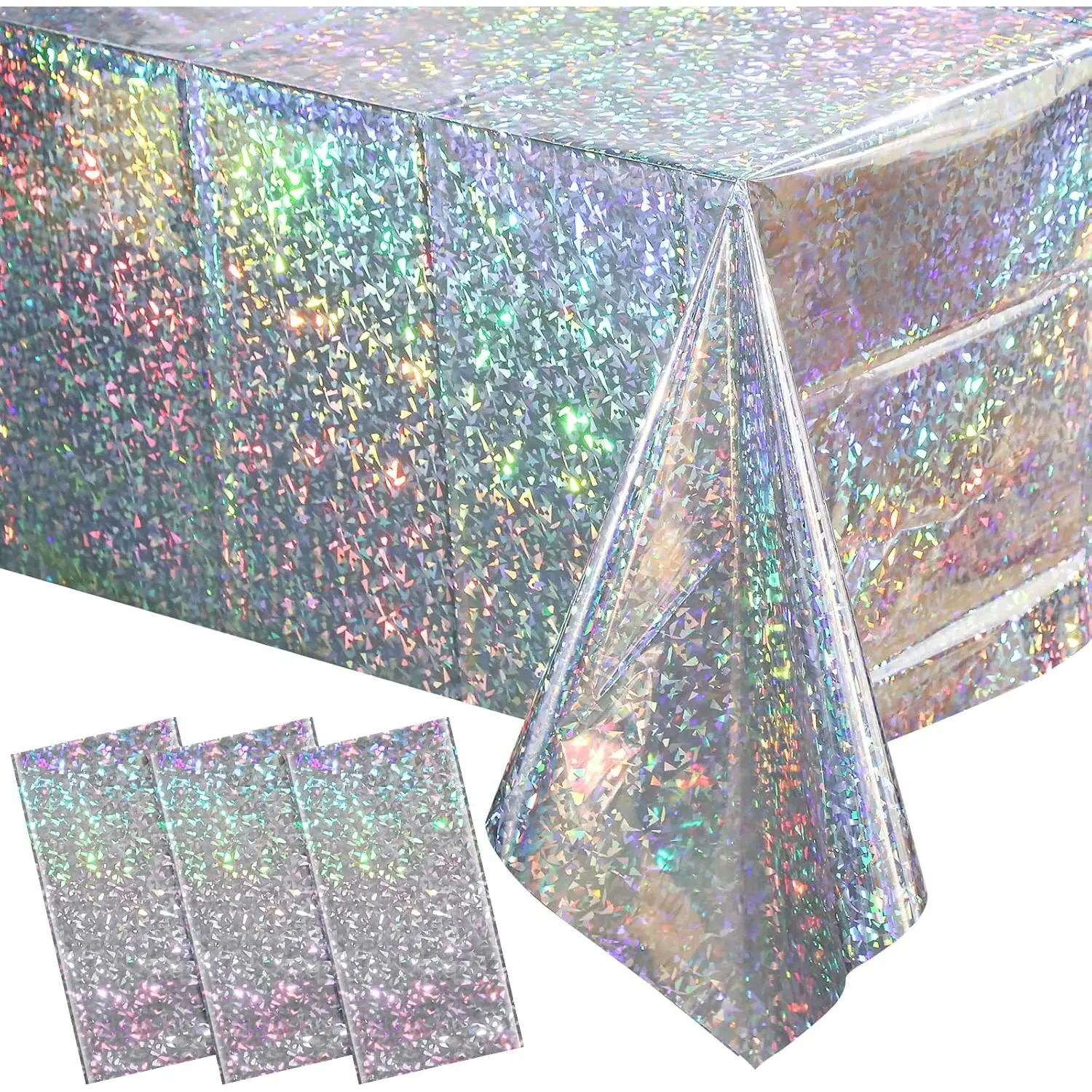 BoDoux 3 Pack New Iridescent Silver Tablecloth Party Decorations, Holographic Silver Glitter Plastic Tablecloth, Disposable Laser Rectangle Table Cover for Disco Birthday 70s Theme Party Decorations, 54x108"