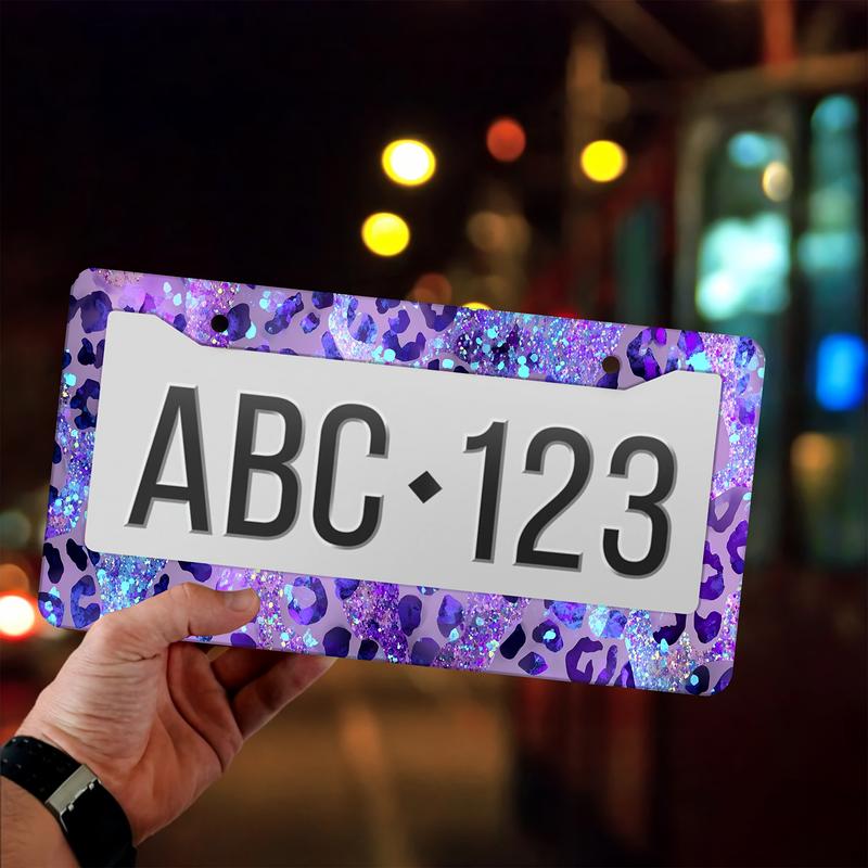 1pc Purple Leopard Print with Glitter License Plate Frame, License Plate Cover for Car Decorative Parts, Aluminum License Plate Bracket Holder Rust-Proof Rattle-Proof Weather-Proof for US Standard Car