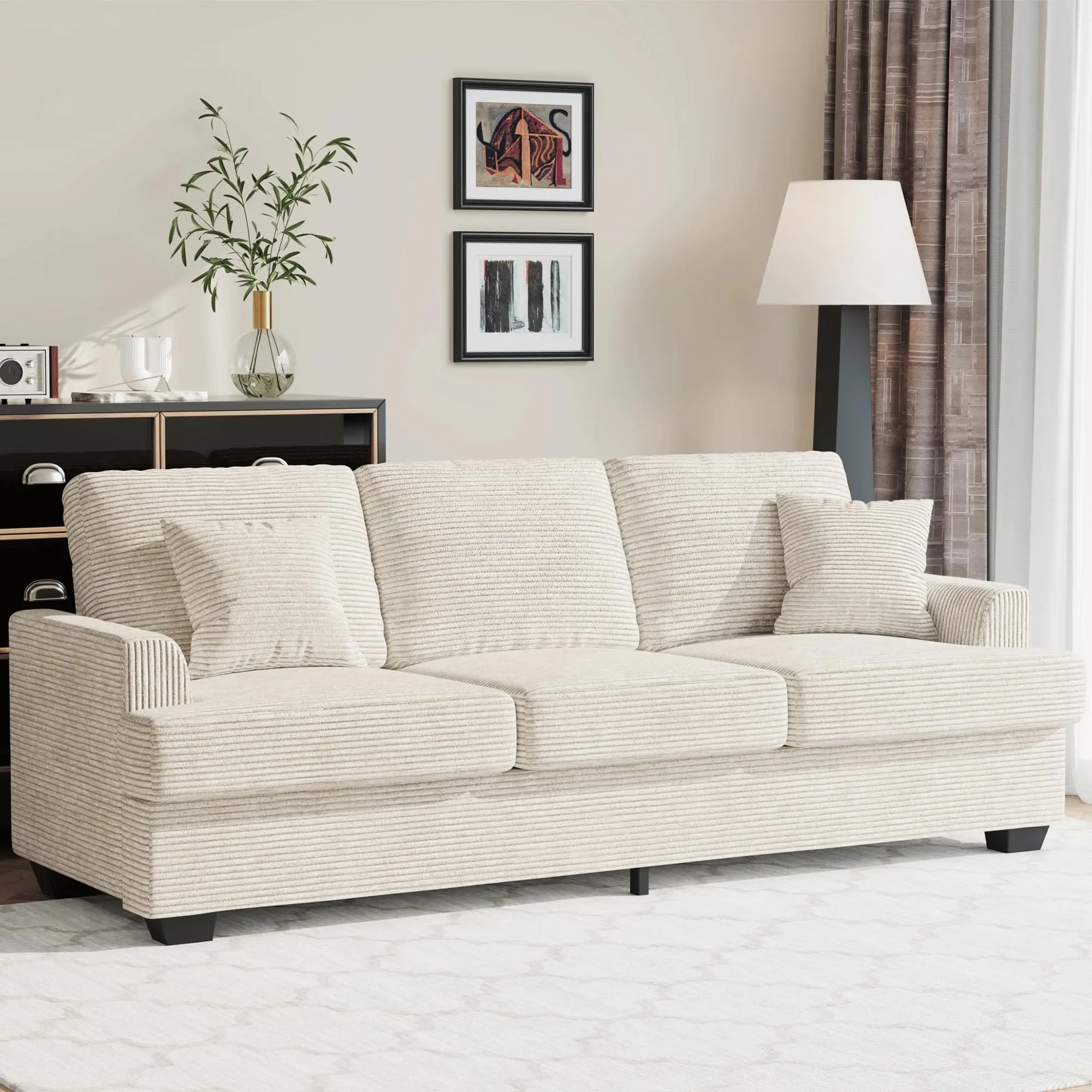 Garvee Modern 86" Corduroy Sofa with Deep Seat, Upholstered Cushion & Removable Cover, Includes 2 Throw Pillows, Comfortable Beige Sofa Couch Perfect for Small Space Apartments and Lounges