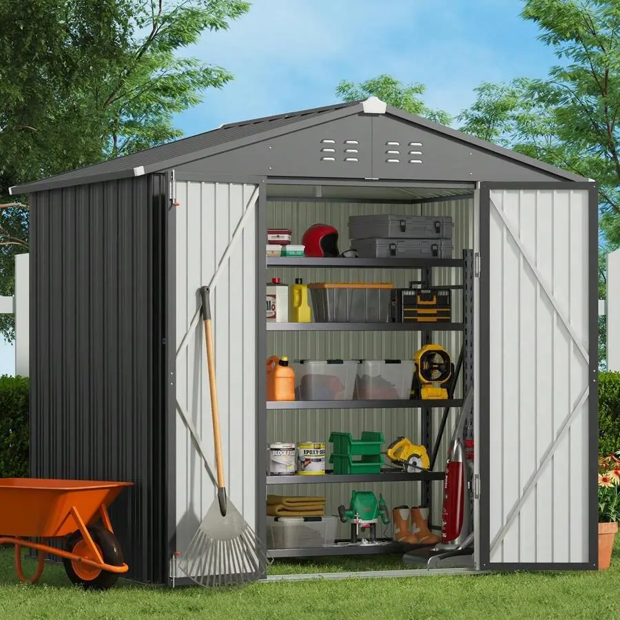 [2 Packages Shipping]Outdoor Storage Shed, 8 X 6 FT, Metal Shed, Waterproof Tool Shed Heavy-Duty Storage Unit, With Lockable Door And Vents, Ideal Bicycles, Tools, Backyards, Patios, Lawns