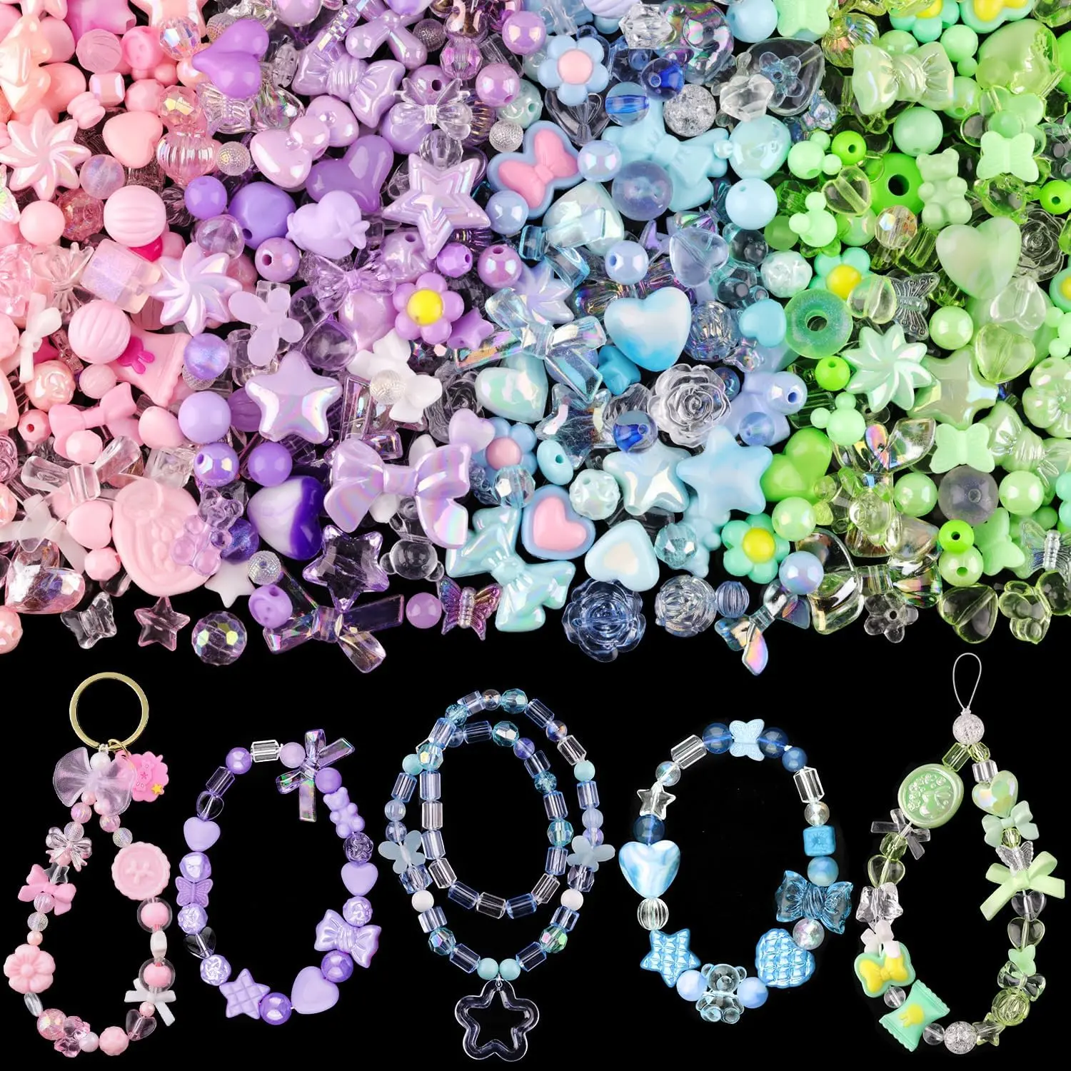 210-270PCS Assorted Acrylic Beaded Set, Mixed Jewelry Making Supplies with Flower, Bow, Butterfly, Candy, Gummy Bear Charms for DIY Bracelets, Necklaces, Keychains, Phone Accessories