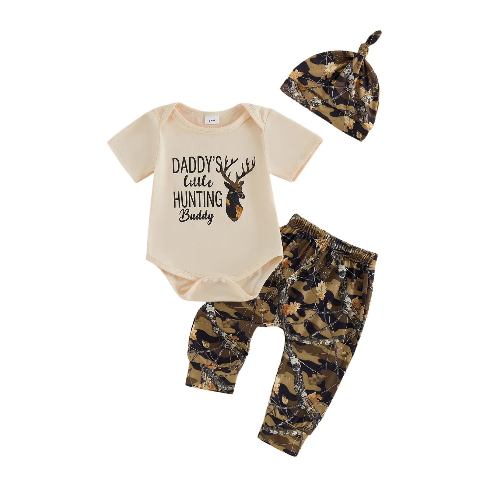 Canrulo Western Newborn Baby Boy Summer Clothes Daddy's Hunting Buddy Deer Printed Short Sleeve Romper Pants Hat 3PCS Hunting Outfits