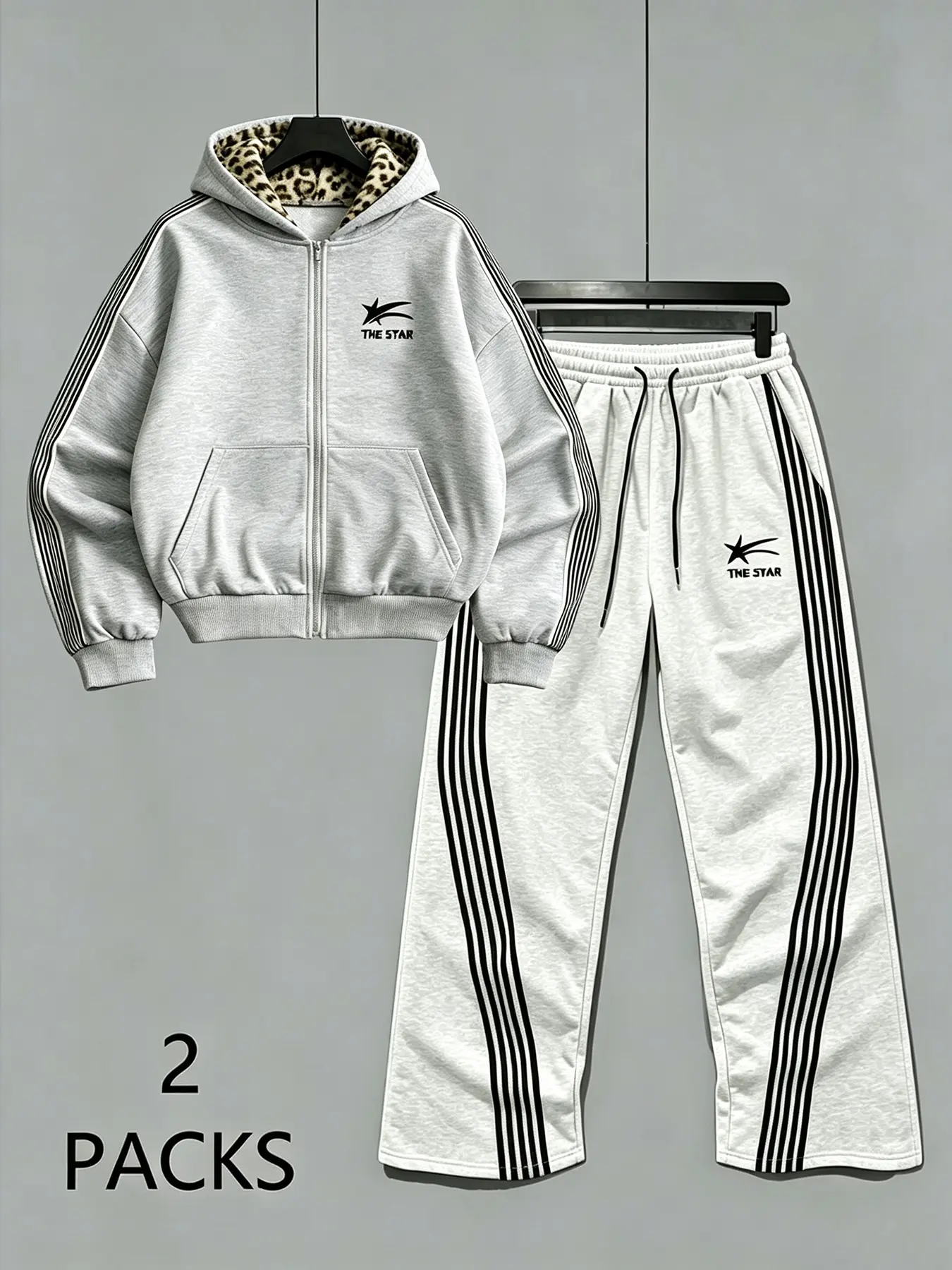 Women's 2-Pack Zip-Up Hoodie & Wide Leg Sweatpants Set, Leopard Print, Striped Design, Loose Fit, Fall Winter Streetwear, Graphic