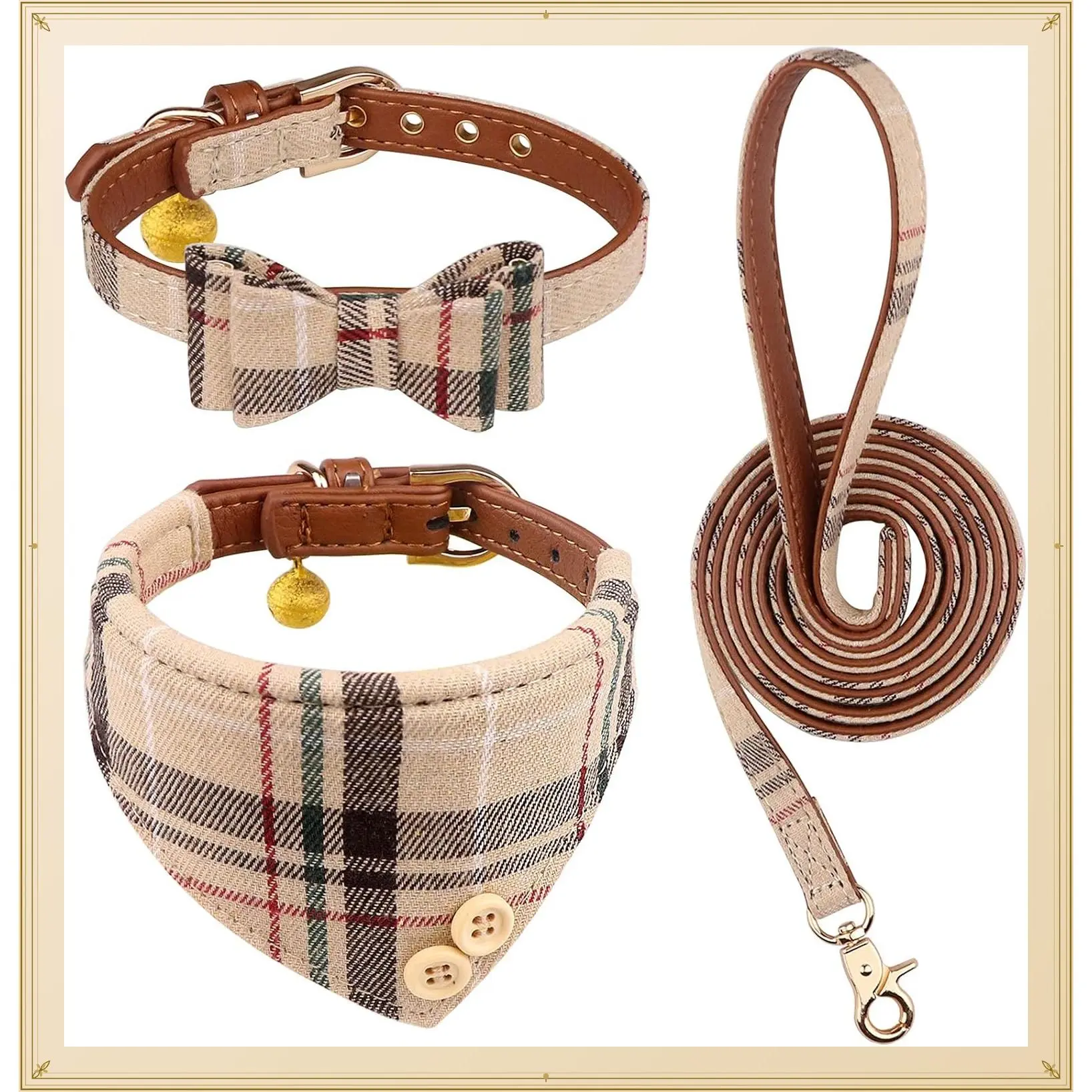 3 Pcs Puppy Collar and Leash Set with Bell Bow Tie & Leather Bandana for Small Dogs and Cats, BeigeGift