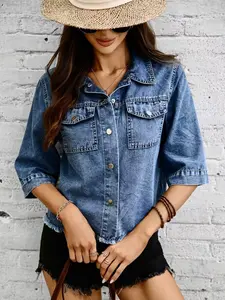 Women's Frayed Hem Short Sleeve Denim Shirt Blouse, Notched Lapel Single Button Loose Fit, Chest Pocket Summer Casual Top
