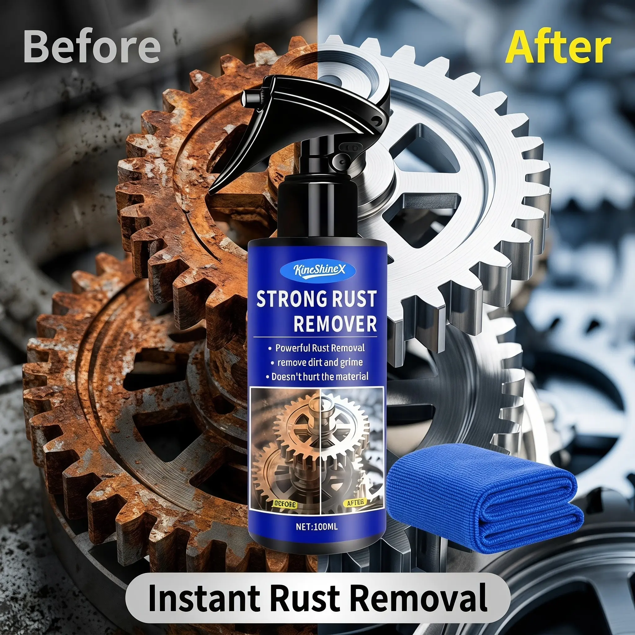 Strong Rust Remover Spray 100ML, Automotive Rust Remover, Metal Cleaning Agent for Wheels and Screws, Includes Dedicated Wiping Cloth, Effective Rust Removal Solution