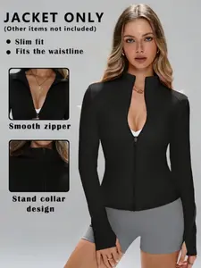 Women's Slim Fit Full Zip Sport Jacket, Stand Collar Thumb Hole Yoga Coat, Quick Dry Long Sleeve Running Track Jacket Jackets Zip Up