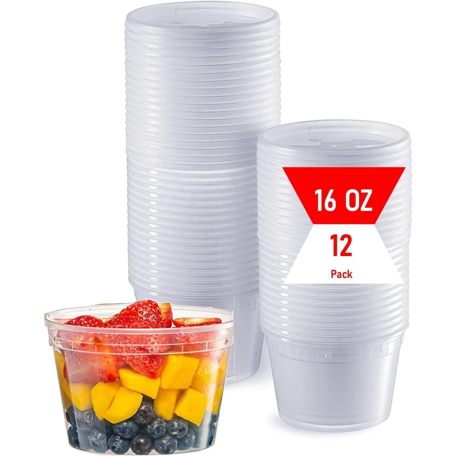16 oz Clear Deli Containers with . Pack of 12. Airtight  Plastic  and Multi-Purpose Containers. Microwave, Freezer and Dishwasher Safe