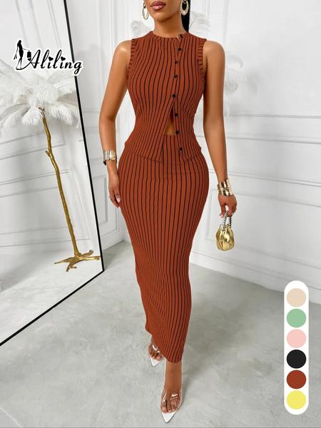 Aliling Striped Print Women's Two Piece Set Tank Top And Skirt Suit Slim Skinny High Waist Midi Long Skirt,Casual Sleeveless Button Vest Tops,Female Elegante Clothes Daily Wear