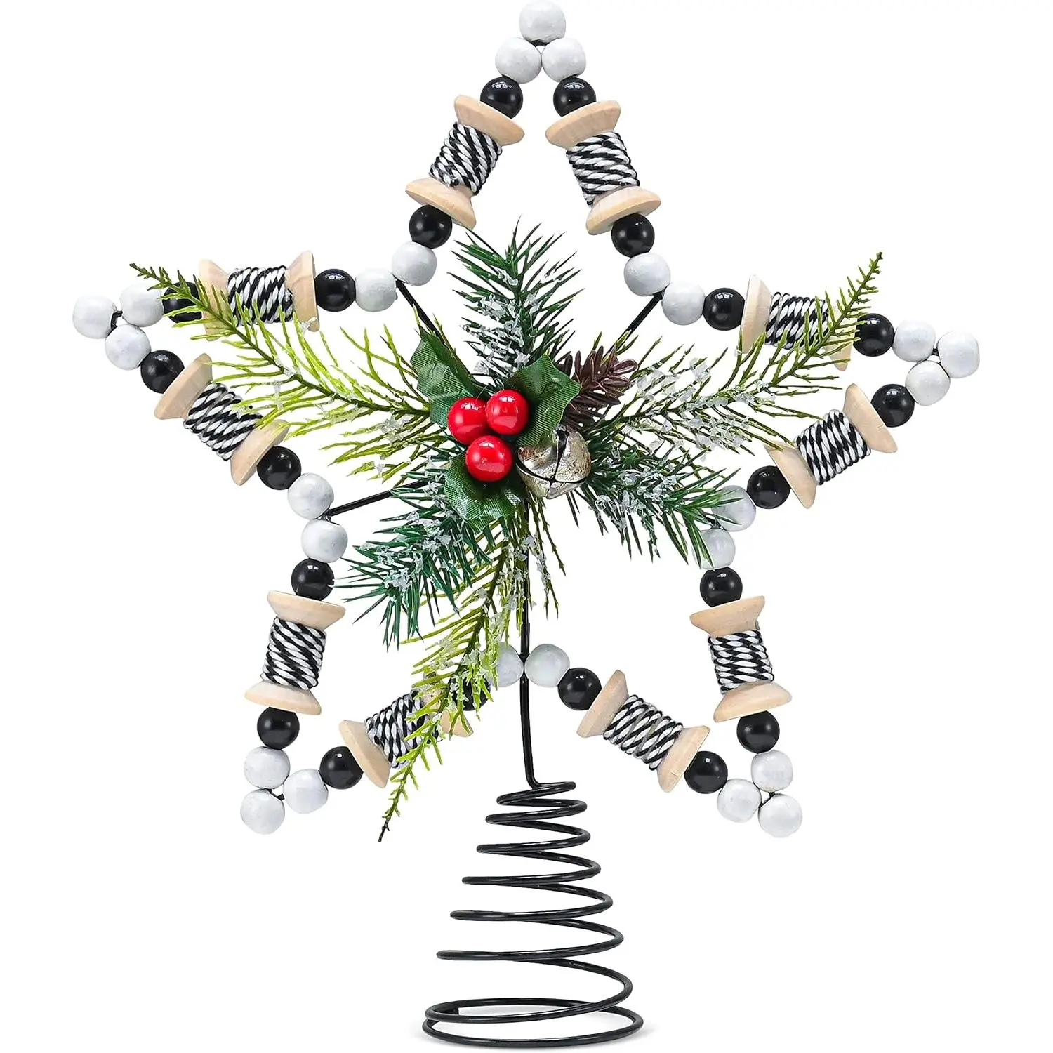 Rattan  Tree Topper - Christmas  Decor Wooden Beads Rustic Tree Topper with Holly Mistletoe and Berry  Bead Trees Top Xmas Decorations 11.5"