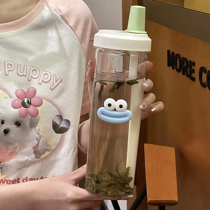 500/850ML Cute Bubble Tea Plastic Water Bottle With Pearl Milk Tea Straw Girl Water Cup Large Capacity Students Coffee Juice Cup