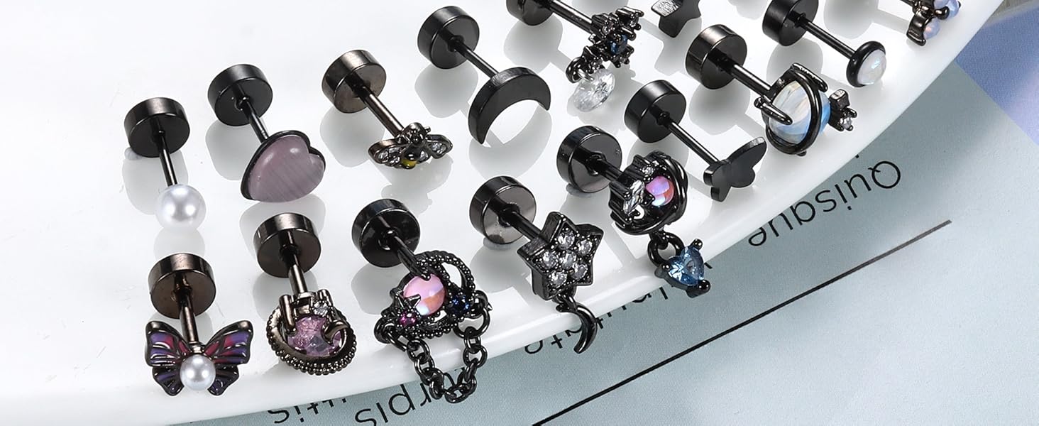 FIASASO 16Pcs Dangle Cartilage Earrings for Women Men Stainless Steel Tragus Stud Earrings 16G and 20G Butterfly Heart CZ Opal Flat Back Earrings Cartilage Tragus Conch Helix Daith Piercing Jewelry