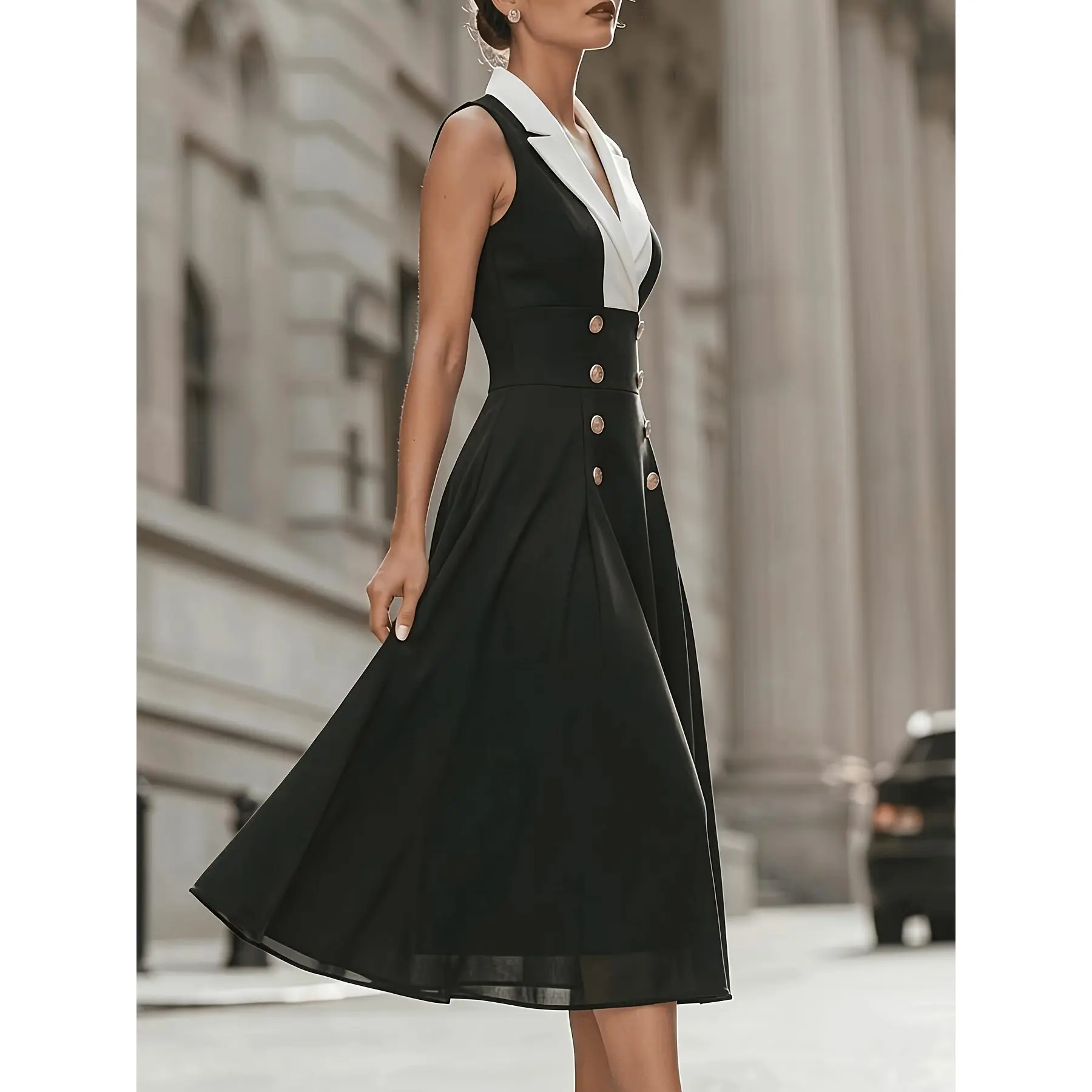 Notched Lapel Sleeveless Color Block Double-Breasted Waist-Cinched Flared Midi Dress for Women| Commute Temperament Vibe, Perfect for Office & Formal Occasions Looks