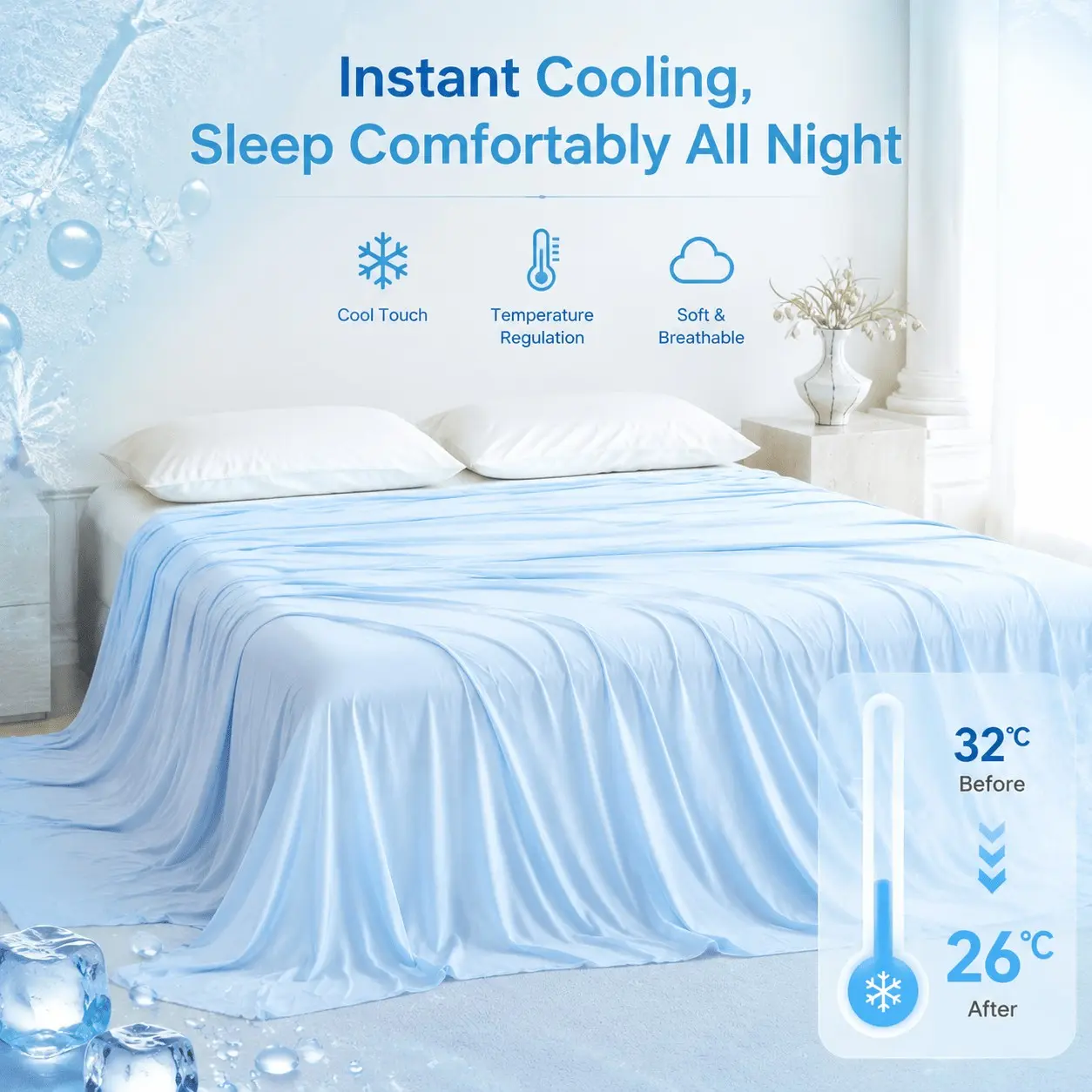 Premium Double-Sided Cooling Blanket, Q-MAX 0.3+ Instant Cool Touch for Hot Sleepers, Ultra-Soft Lightweight Breathable Blanket for Bed Couch Office, Portable Summer Travel Blanket, Non-Sticky Skin, Machine Washable
