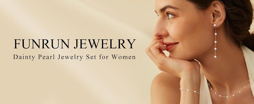 FUNRUN Dainty Wedding Pearl Jewelry Set for Women 14K Gold Plated Adjustable Choker Necklace Bracelet Earrings Wedding Necklace Christmas Day Gift