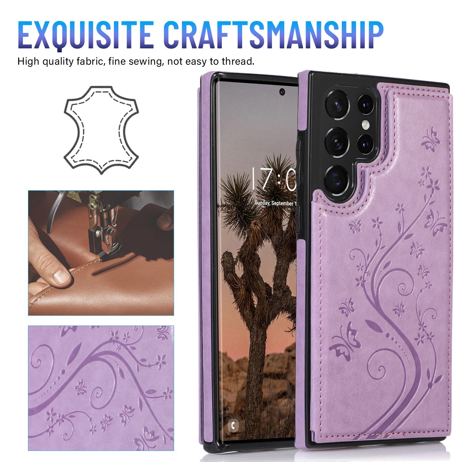 HISTORYOO For Samsung S25 Ultra S24 Plus S23 FE S22 Case Soft PU Leather Retro Embossed Butterfly Flower Shockproof Wallet Double Magnetic Clasp Protective Flip Fold Stand with 3 Card Slots Pocket Women Soft Folio Cover For Mom