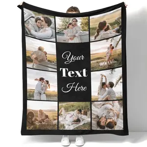 Custom Couple Photo Flannel Throw Blanket, Black Vertical Split Collage Blanket with Personalized Text Strip, Soft Cozy Warm Blanket for Couples, Sunset Road Trip, Anniversary & Romantic Gift