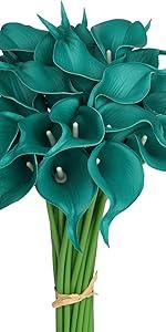 Mini Artificial Calla Lily 10 Stem Bridal Bouquets Artificial Latex Real Touch Flowers for Home Party Decor (Teal Blue White)