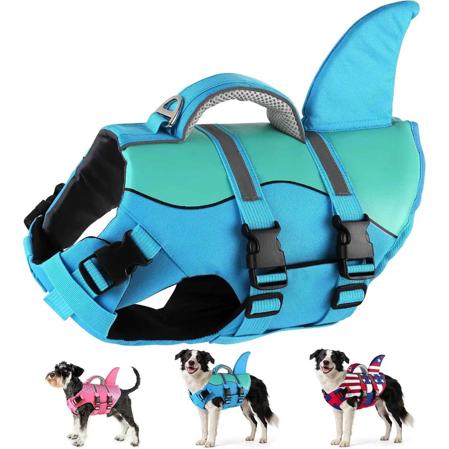 Dogcheer Shark-Patterned Dog Life Jacket, Neoprene Harness Vest with Buoyant Support, Adjustable Fit, Center Lift Handle, Reflective Strip & Ripstop Cloth, Pet Swim Float for Small/Medium/Large Dogs - Blue, M