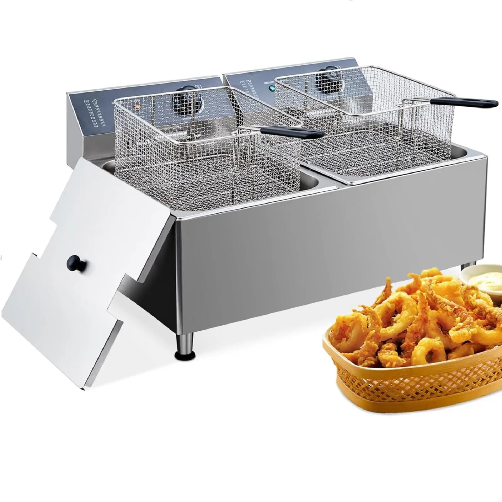 Dual 11L Commercial Electric Deep Fryer, Double Tank with 2x1700W, 304 Stainless Steel Inner Liner, XL Baskets & Lids, Oil Filtration, Ideal for Restaurant Catering Food Truck