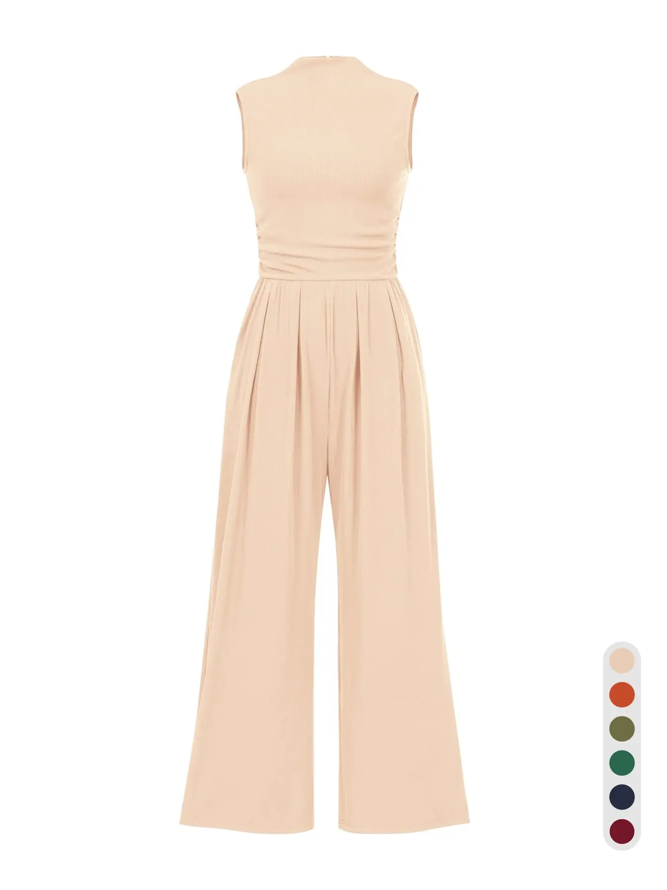 Women's Mock Neck Sleeveless Jumpsuit, Ribbed Knit, Side Ruched, Slim Waist, Back Zip, Open Back, Floor Length, Casual Resort, Fit